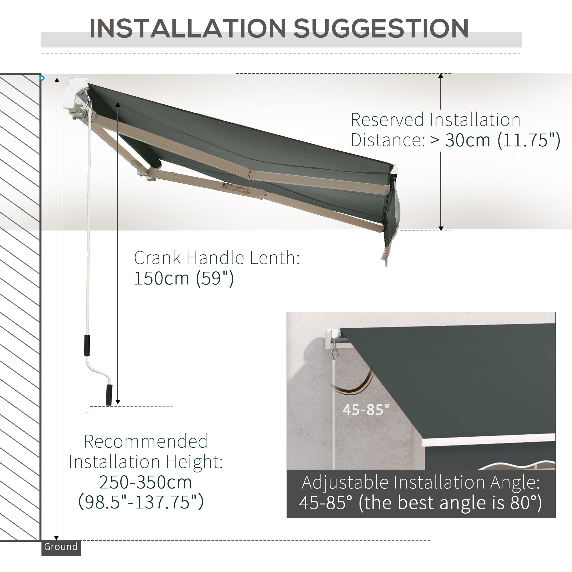 Outsunny 3.5M x 2.5M Manual Awning Canopy Retractable Sun Shade Shelter Winding Handle for Garden Patio Grey