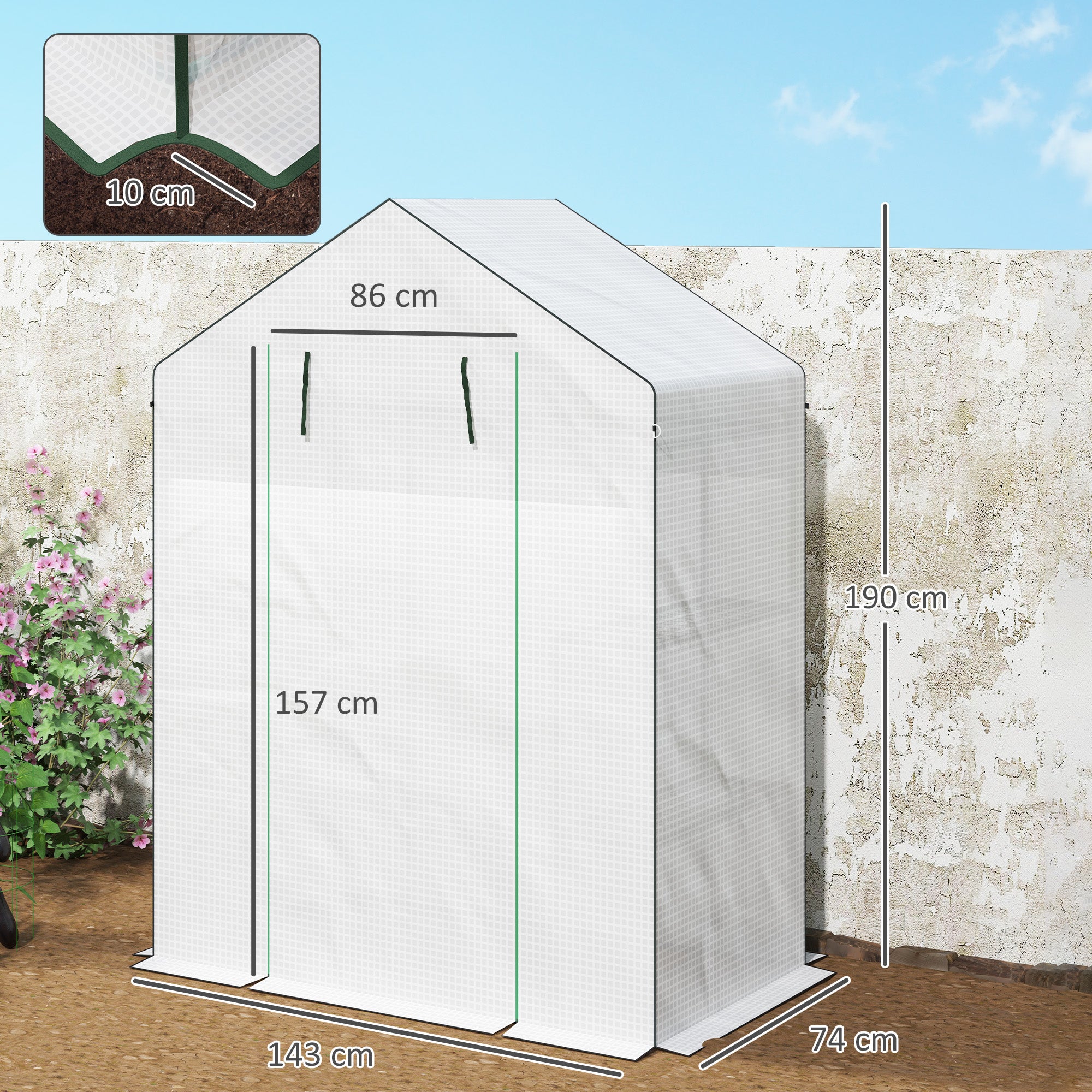 Outsunny Walk-in Greenhouse with 3 Tier 4 Shelves, Small Greenhouse with Reinforced PE Cover, Garden Plant Growhouse with Roll-up Door and Three Mesh Windows, 143 x 74 x 190 cm, White