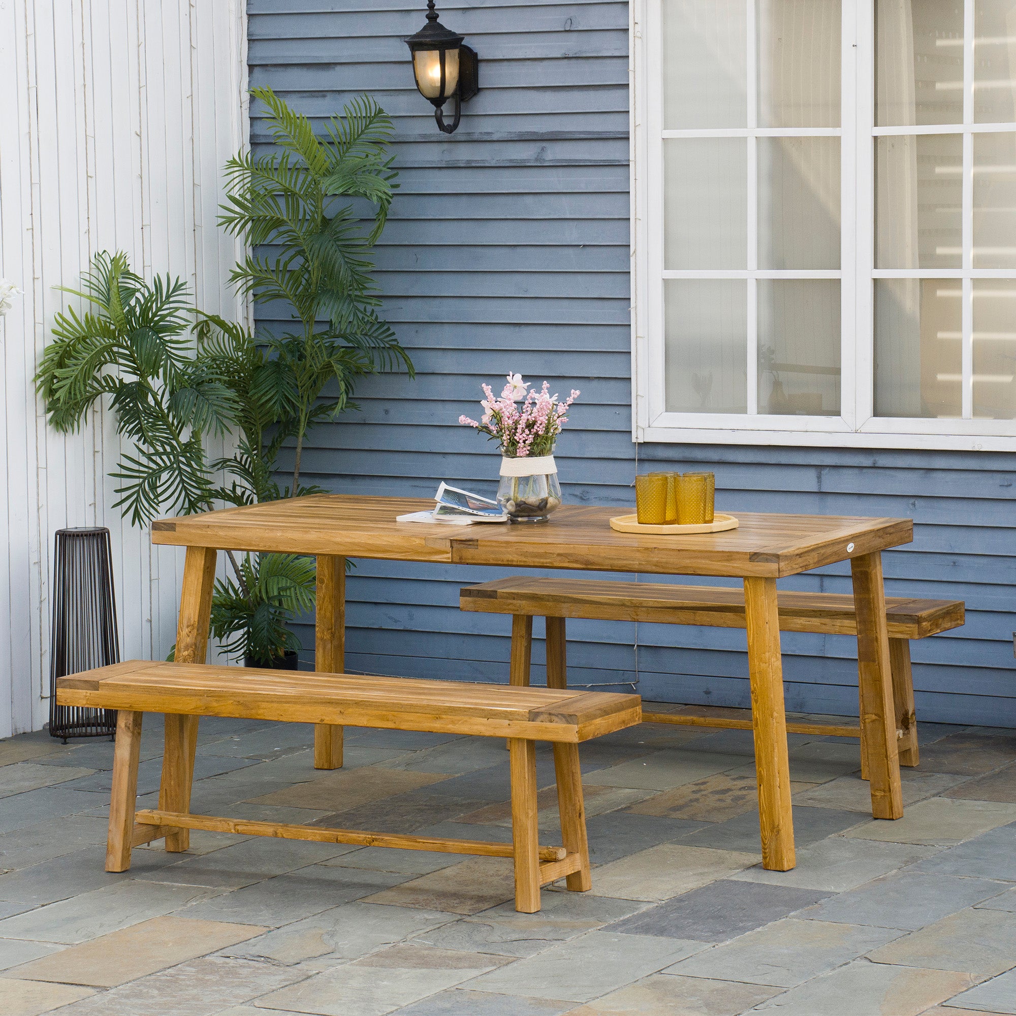 Outsunny 3 Pieces Picnic Bench Set with Table and 2 Benches, Acacia wood Dining Trestle Beer Table and Seat, Natural Wood Finish - North Peak Garden Furniture