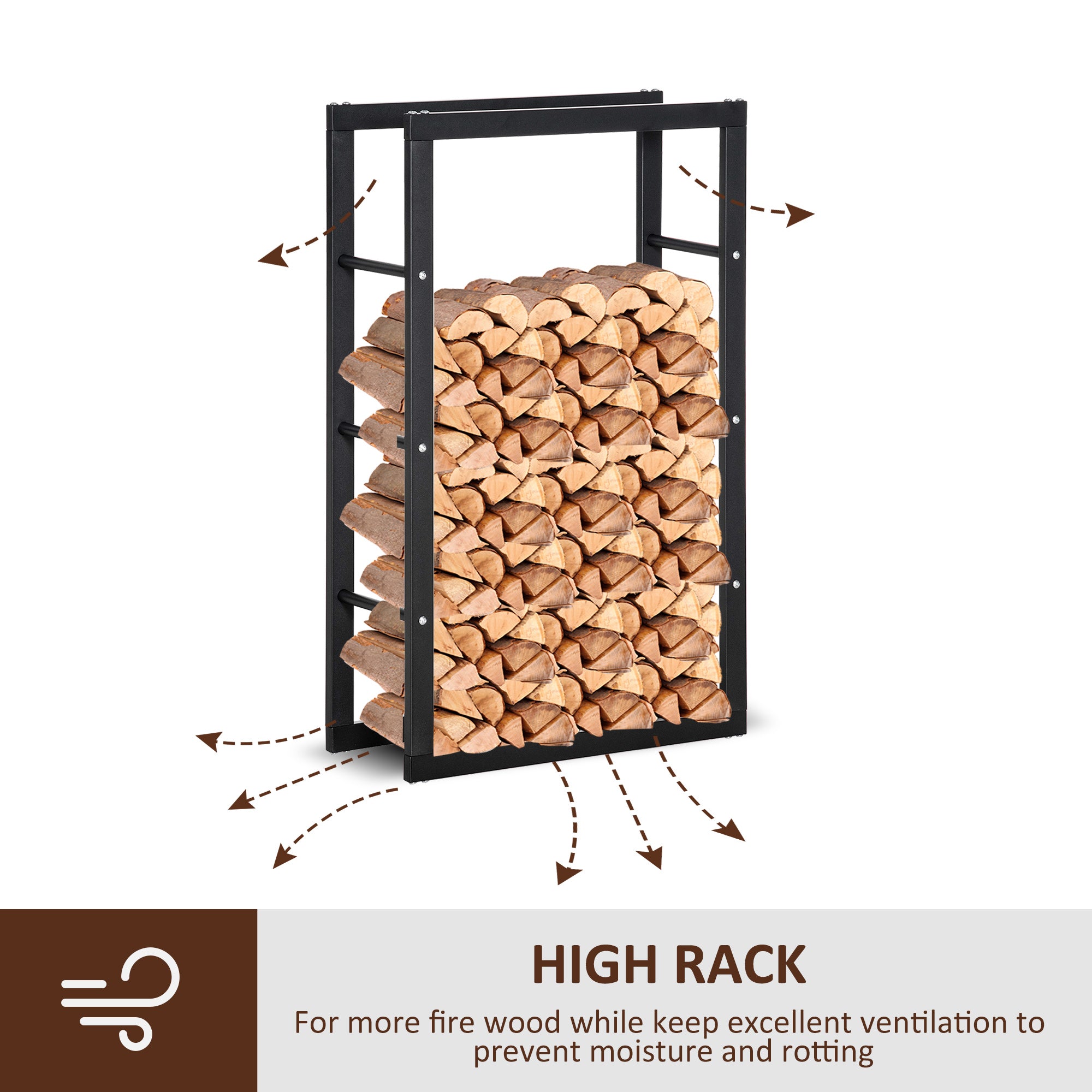 HOMCOM Metal Firewood Log Holder Tall Firewood Rack Indoor Outdoor Fireplace Wood Storage Shelf with Side Rails, Rust-Resistant, Black, 60W x 25D x 100H cm - North Peak Garden Furniture