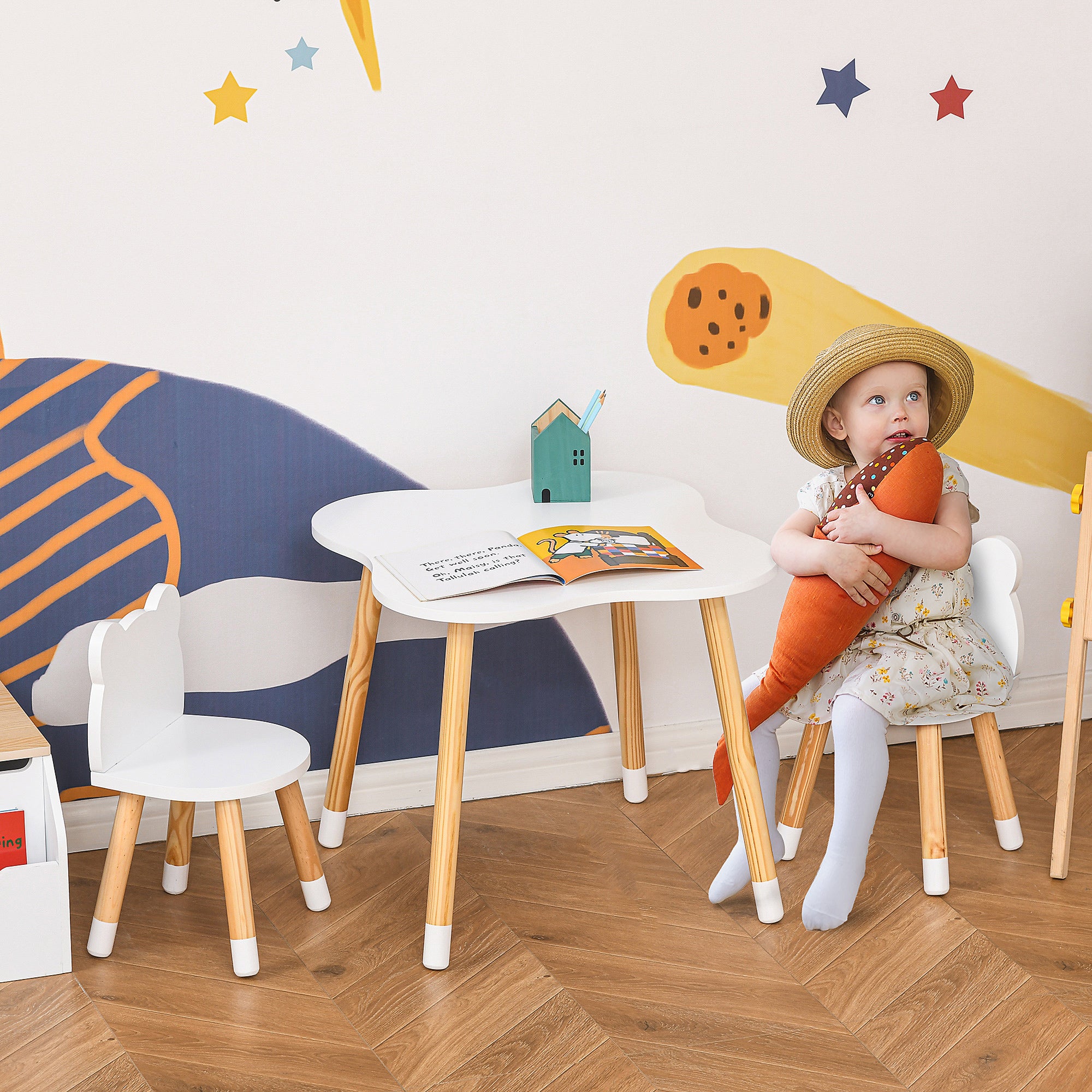 HOMCOM 3-Piece Kids Table and Chair Set with 2 Bear-Shaped Chairs, for Ages 1-4 Years, White - North Peak Garden Furniture