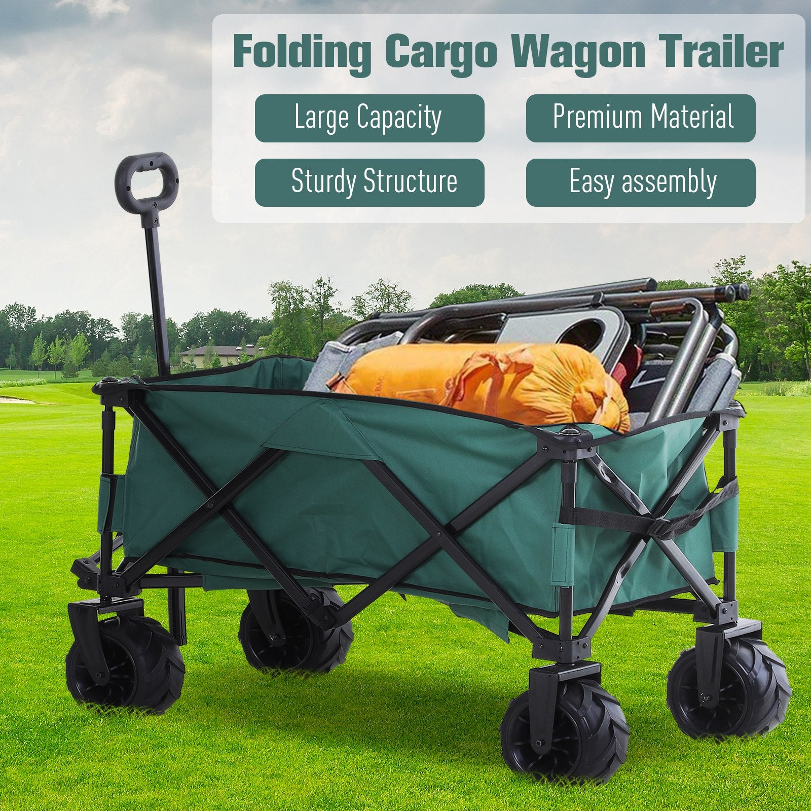 Outsunny Outdoor Folding Garden Trolley on Wheels, Pull Along Camping Cart, Cargo Wagon Trailer with Telescopic Handle, Big Wheels for Beach Garden, Green - North Peak Garden Furniture
