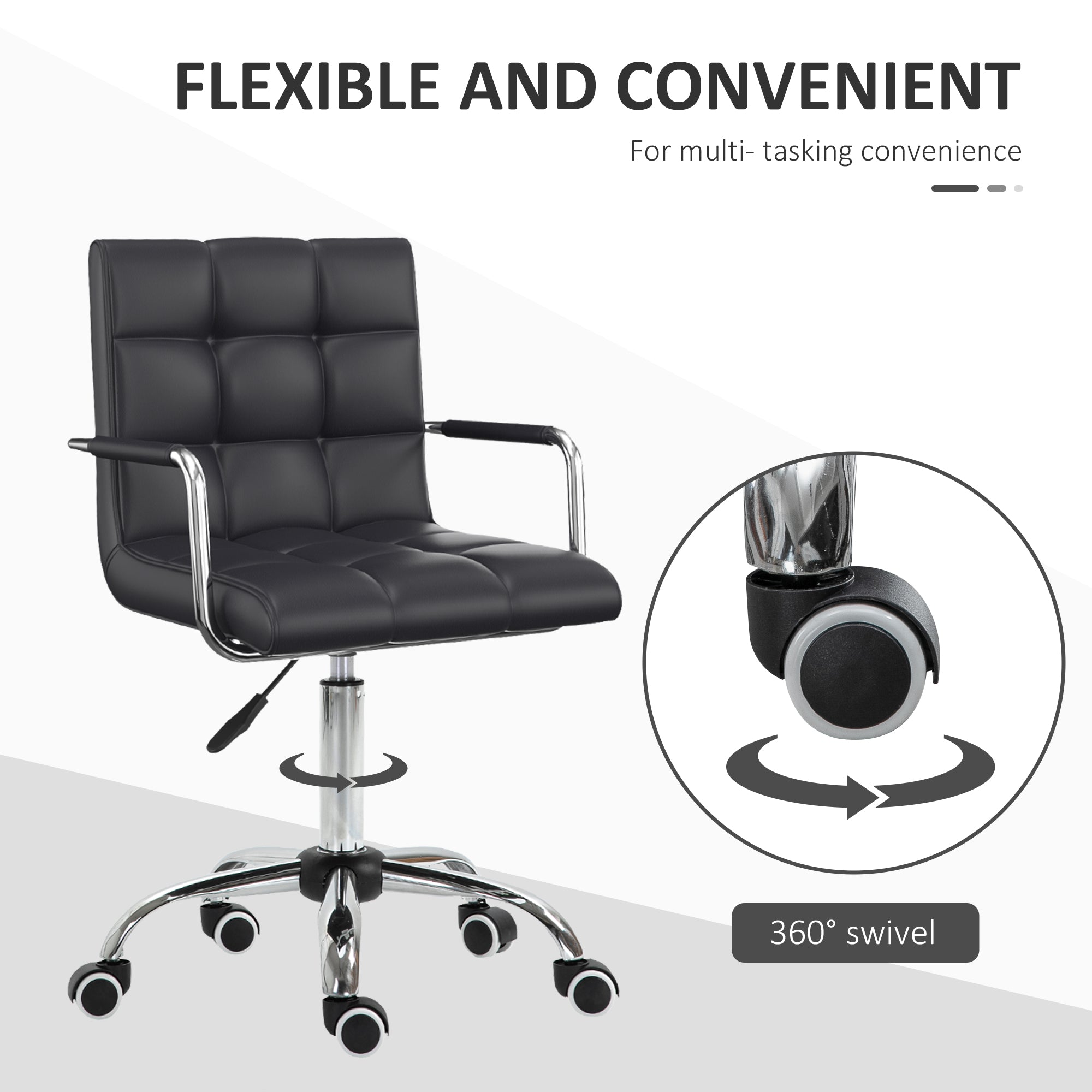 Vinsetto Office Chair, Makeup Vanity Chair, Mid Back Computer Chair, PU Leather Swivel Study Chair with Adjustable Height, Armrest and Rolling Wheels, Black - North Peak Garden Furniture