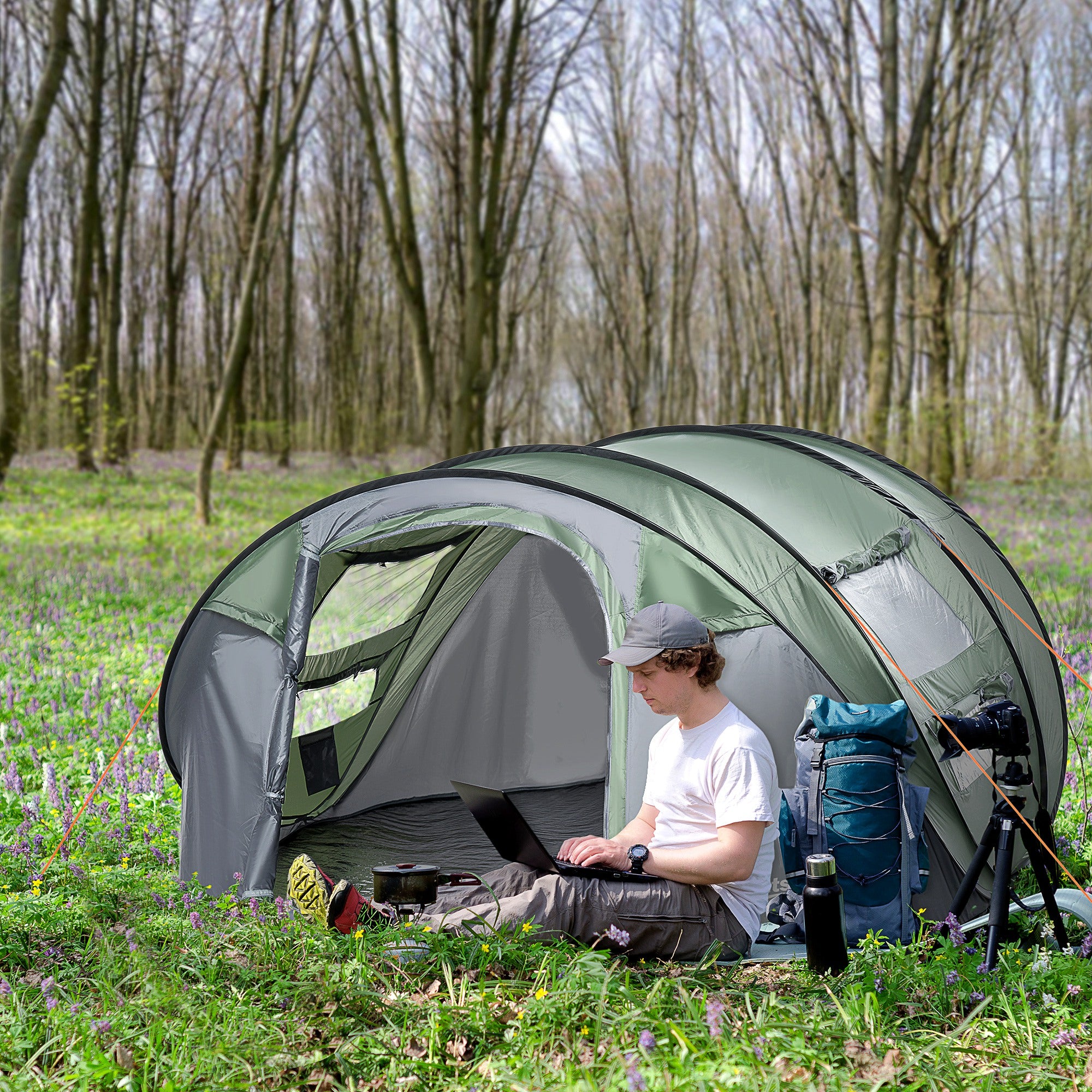 Outsunny 4-5 Person Pop-up Camping Tent Waterproof Family Tent w/ 2 Mesh Windows & PVC Windows Portable Carry Bag for Outdoor Trip, Dark Green - North Peak Garden Furniture