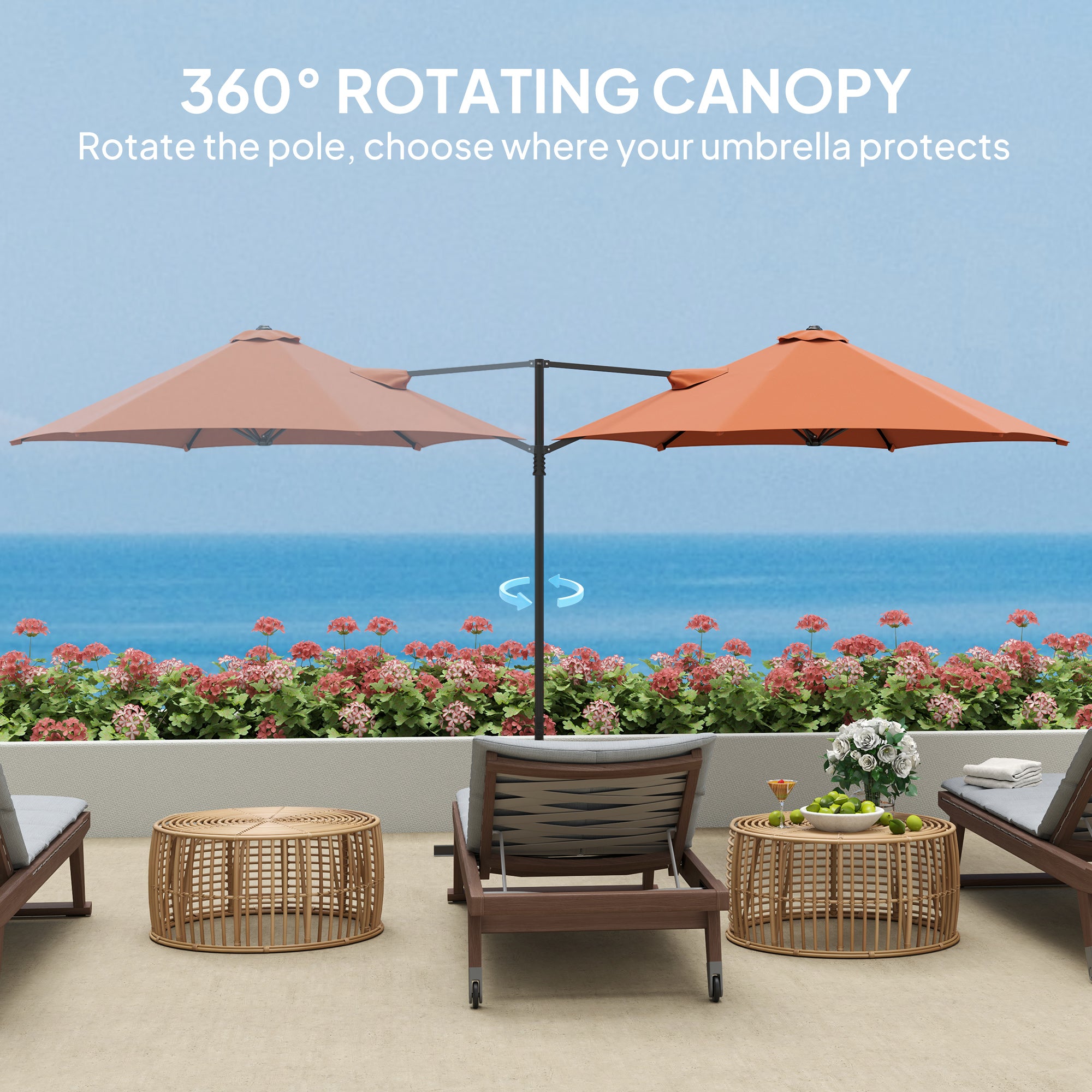 Outsunny 2.5M Garden Cantilever Parasol, Offset Roma Patio Umbrella Hanging Sun Shade Canopy Shelter with 360° Rotation and Cross Base, Orange - North Peak Garden Furniture