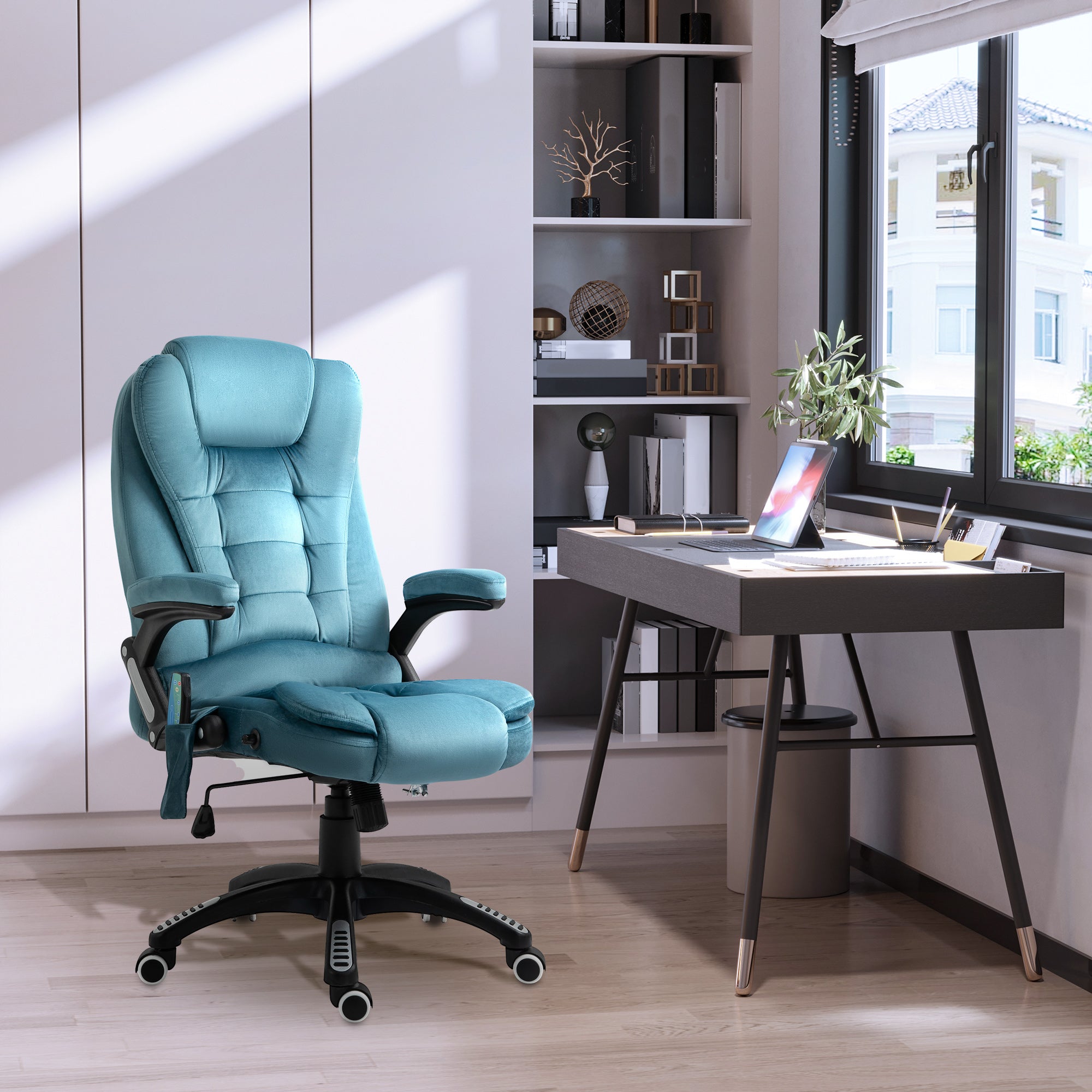 Vinsetto Massage Recliner Chair Heated Office Chair with Six Massage Points Velvet-Feel Fabric 360° Swivel Wheels Blue - North Peak Garden Furniture