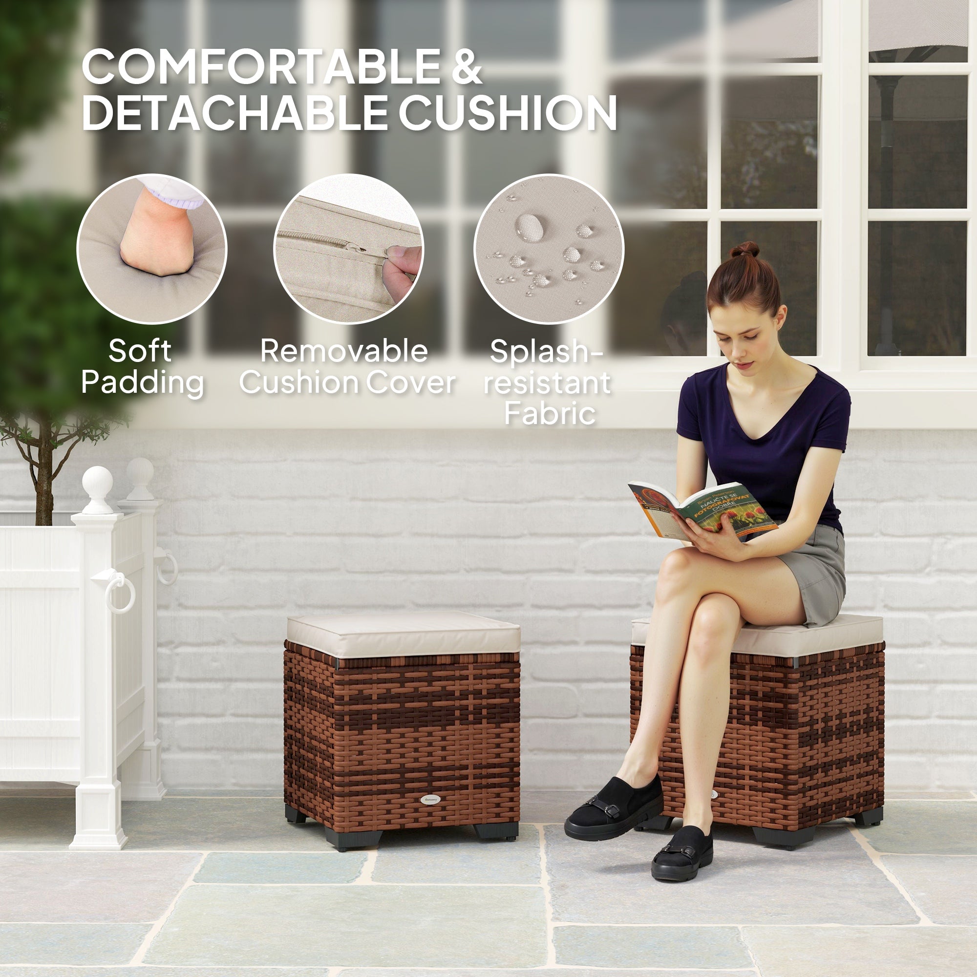 Outsunny Set of 2 Rattan Storage Ottoman, Outdoor Footstool with Removable Cushions, Garden Storage Seat for Balcony, Poolside, Living Room, Beige - North Peak Garden Furniture