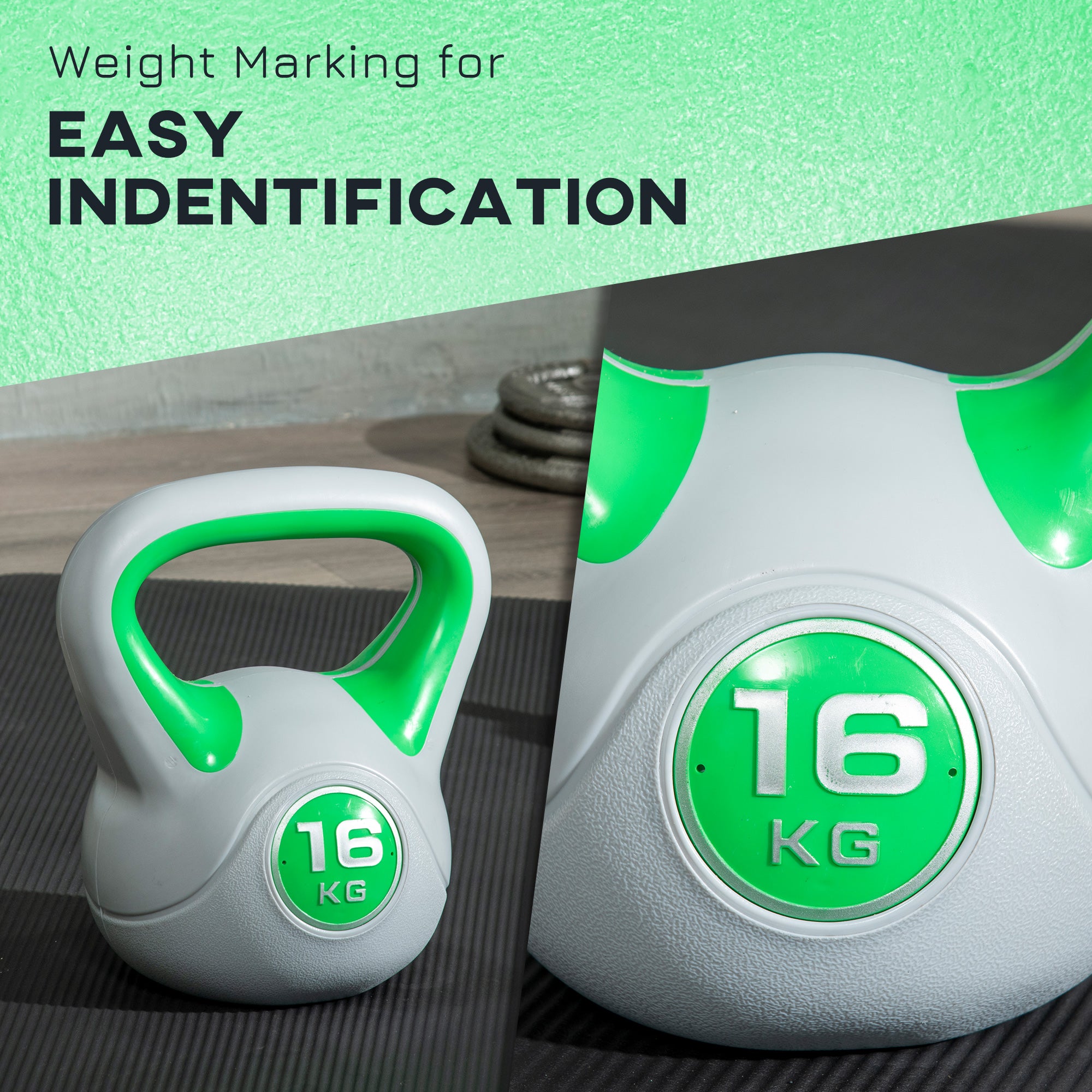SPORTNOW Kettlebell, 16kg Kettle Bells with Handle for Home Gym Weight Lifting and Strength Training, Green and Grey - North Peak Garden Furniture