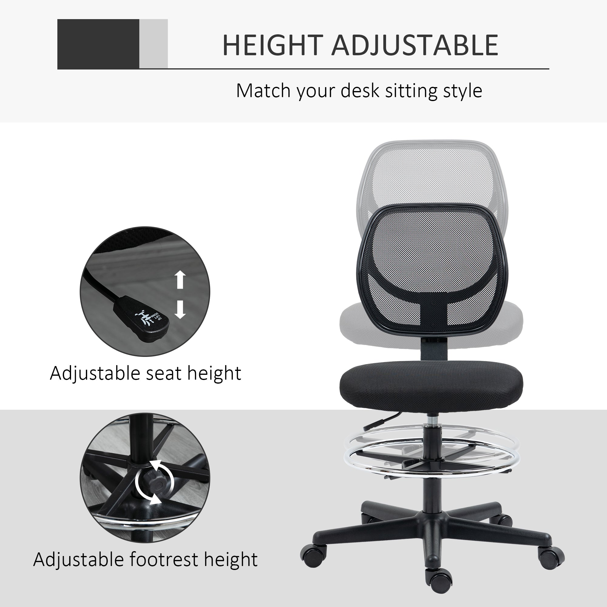 Vinsetto Ergonomic Mesh Standing Desk Chair with Adjustable Footrest Ring and Seat Height Black - North Peak Garden Furniture