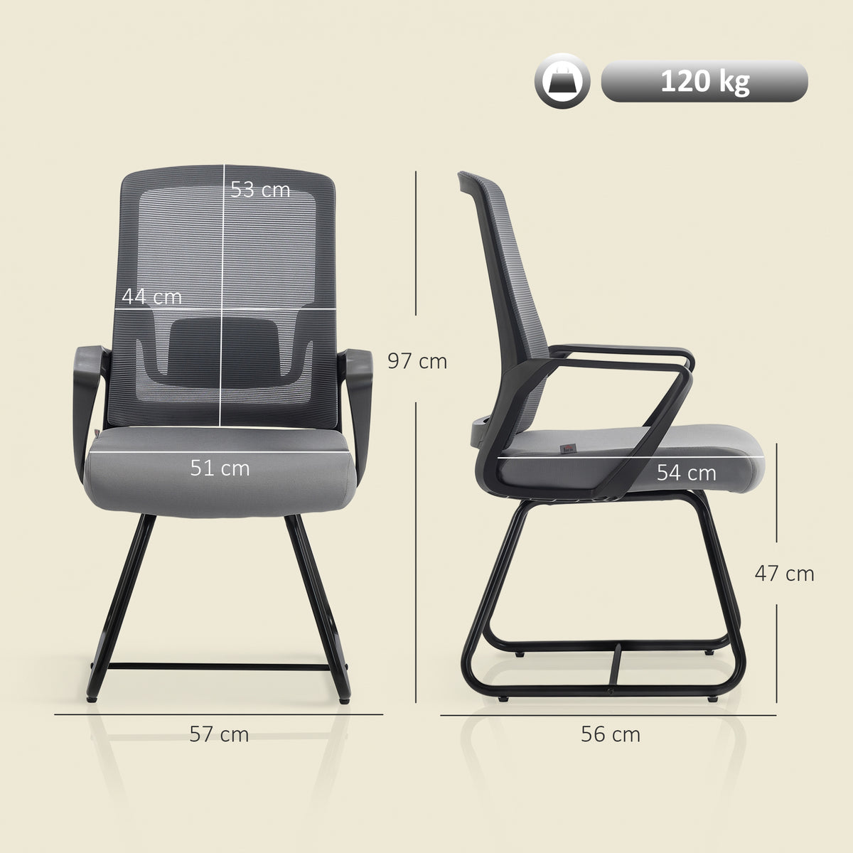 HOMCOM Desk Chair No Wheels, Office Chair with Mesh Back, Lumbar Support, Metal Base for Waiting Room, Conference Room, Dark Grey