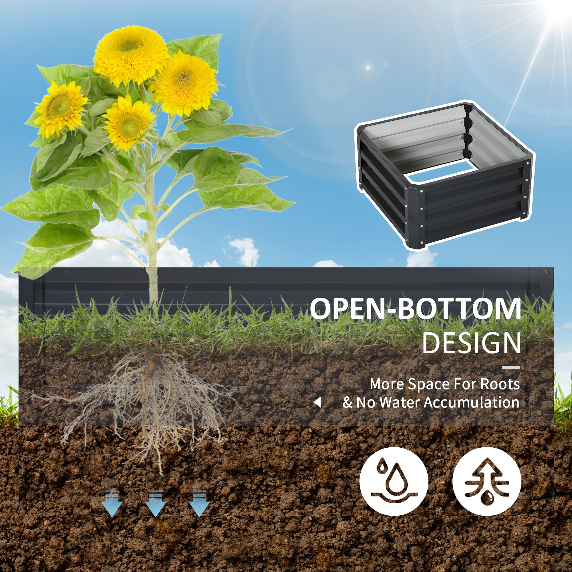 Outsunny Set of 2 Raised Garden Bed, Outdoor Elevated Galvanised Planter Box for Flowers, Herbs, 60x60x30.5cm, Grey - North Peak Garden Furniture