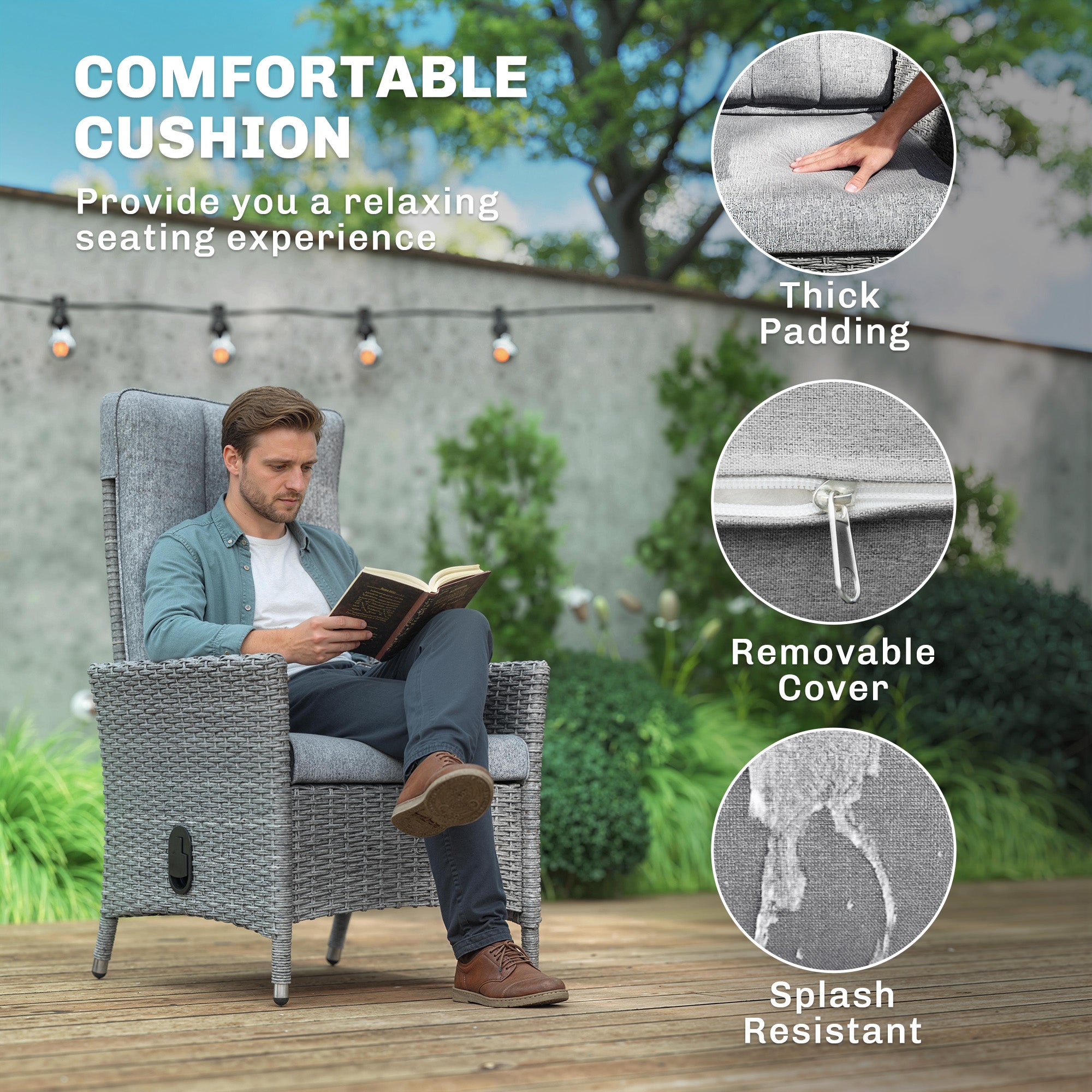 Outsunny 105°-150° Reclining Rattan Chair - Light Grey