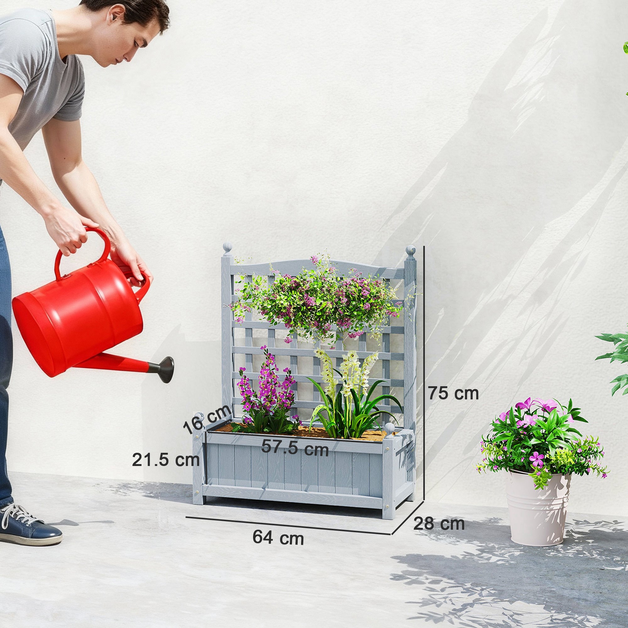 Outsunny Garden Planters with Trellis for Climbing Vines, Wood Raised Beds for Garden, Flower Pot, Indoor Outdoor, Grey