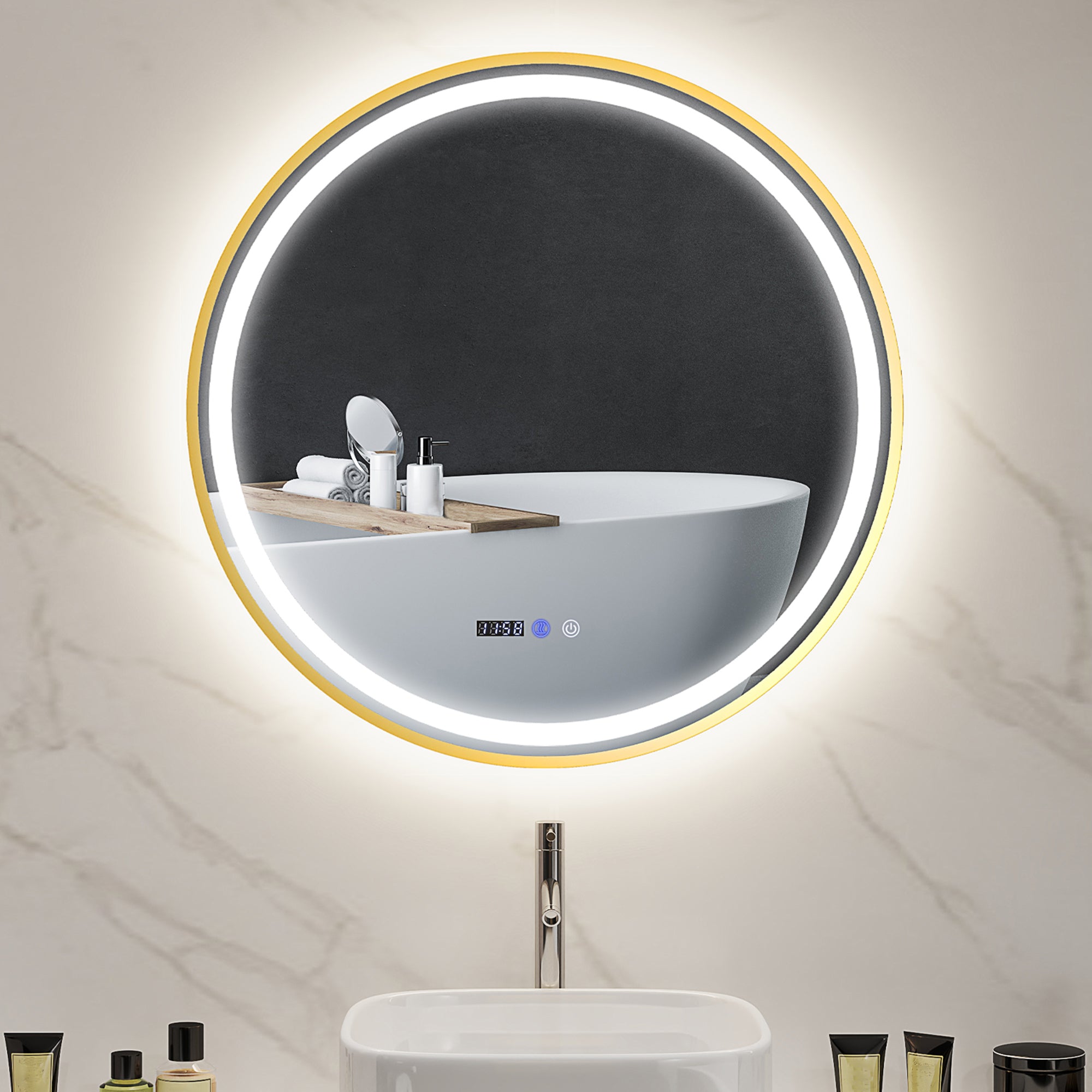 HOMCOM Round Bathroom Mirror with LED Lights, 800mm Backlit Illuminated Bathroom Mirror, Dimmable Wall Mounted Vanity Mirror with Demister Pad, Touch Switch, Time and Temp Display, Gold Tone - North Peak Garden Furniture