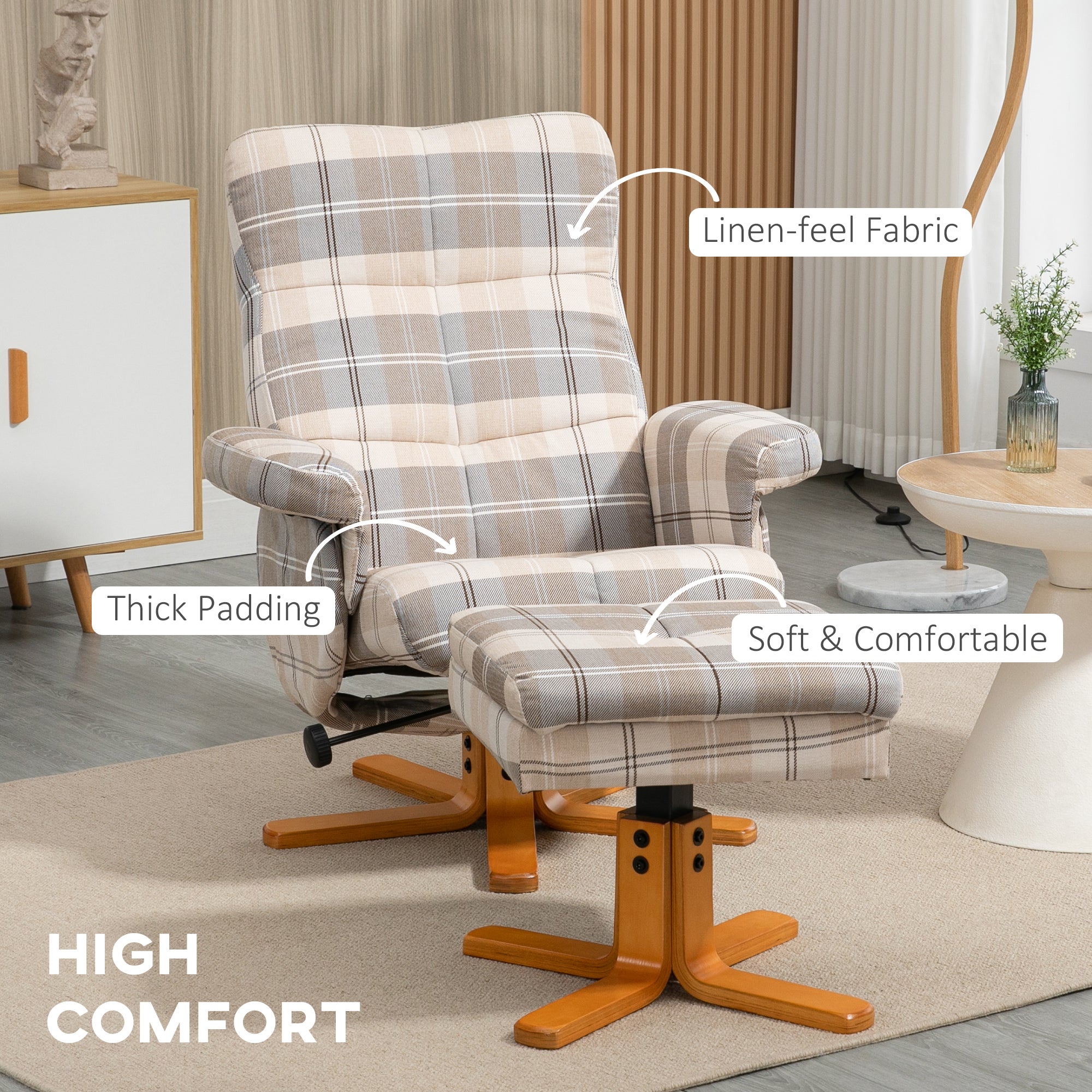 HOMCOM Linen Swivel Recliner Chair with Footstool, Wooden Base and Storage for Living Room, Multicolour - North Peak Garden Furniture
