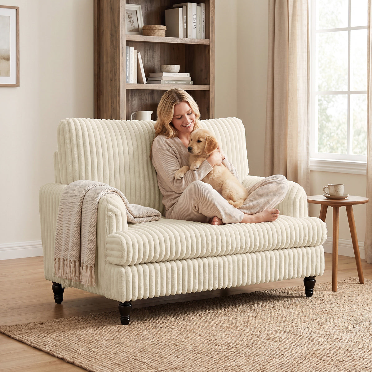 HOMCOM Corduroy Single Sofa Armchair, Modern Accent Chair with Stripes, Turned Legs and Wide Seat, Cream