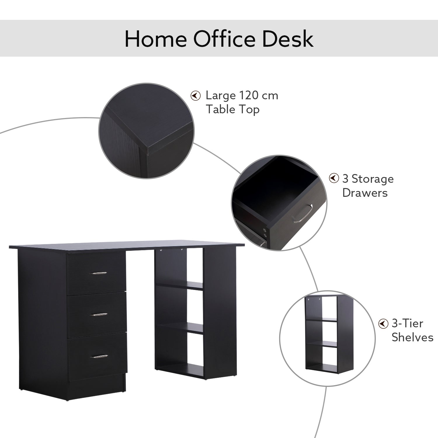 HOMCOM Computer Desk, Writing Table, PC Workstation with 3 Storage Shelves and Drawers, Silver Handle, for Home Office, Black - North Peak Garden Furniture