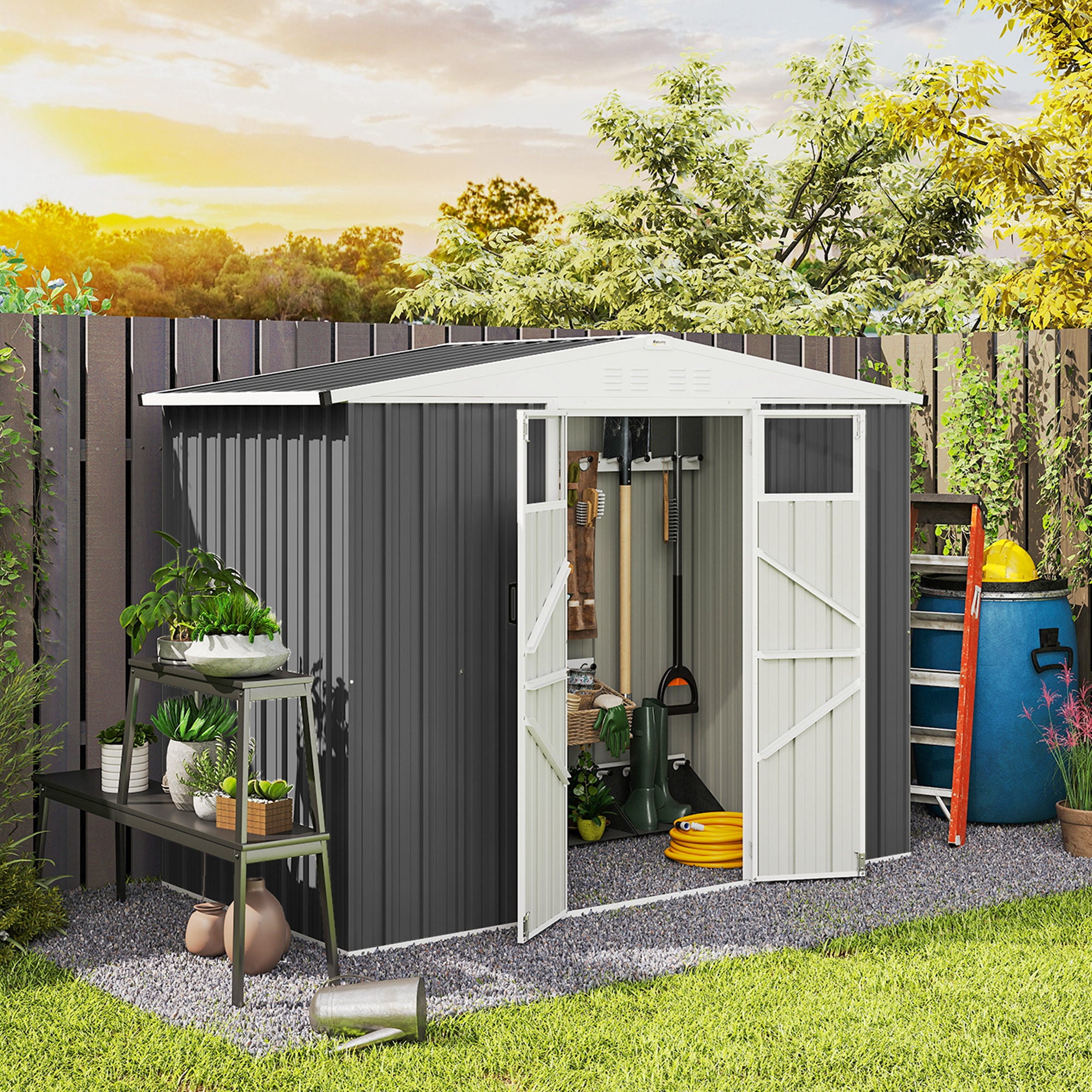 Outsunny 8 x 4 ft Metal Garden Shed, Garden Storage Shed with Window, 4 Vents and Lockable Door, Waterproof Galvanised Steel Tool Storage Cabinet, Dark Grey