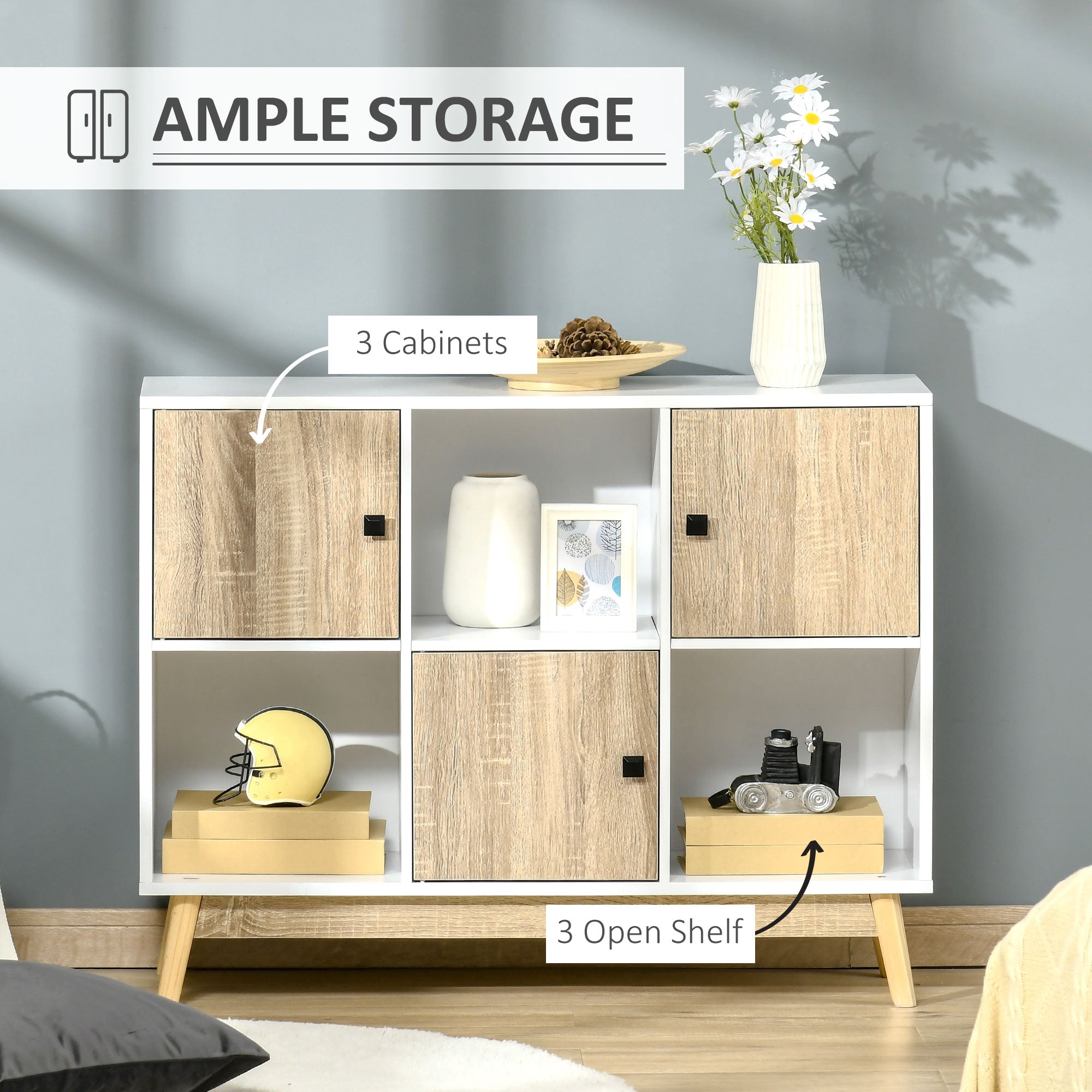 HOMCOM Storage Cabinet, Bookcase, Display Shelf with 6 Storage Cubes & Doors for Dining Room, Living Room, Natural - North Peak Garden Furniture