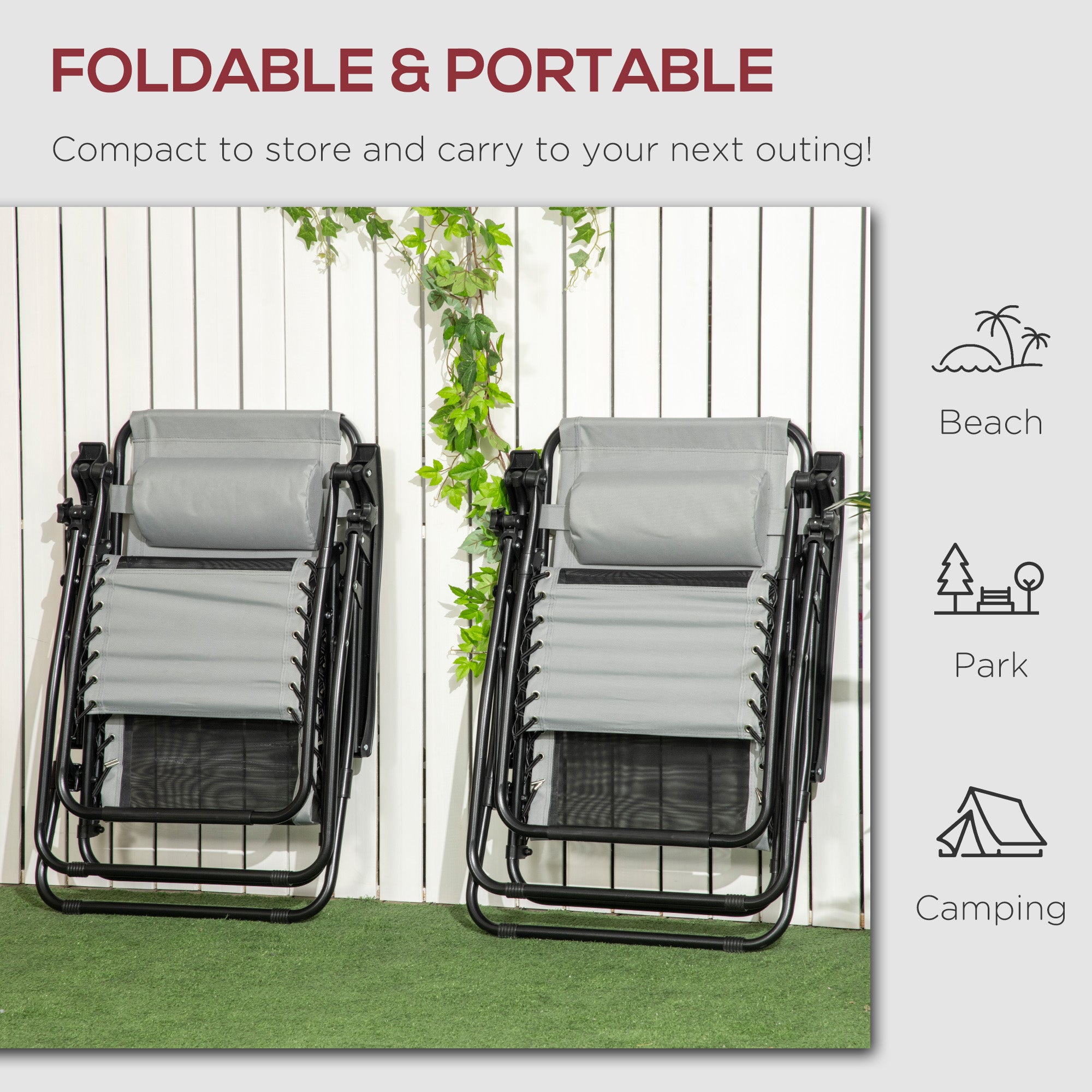 Outsunny Garden Recliner Chairs Set of 2, Outdoor Foldable Zero Gravity Chairs Set w/ Footstool and Detachable Headrest, Grey - North Peak Garden Furniture
