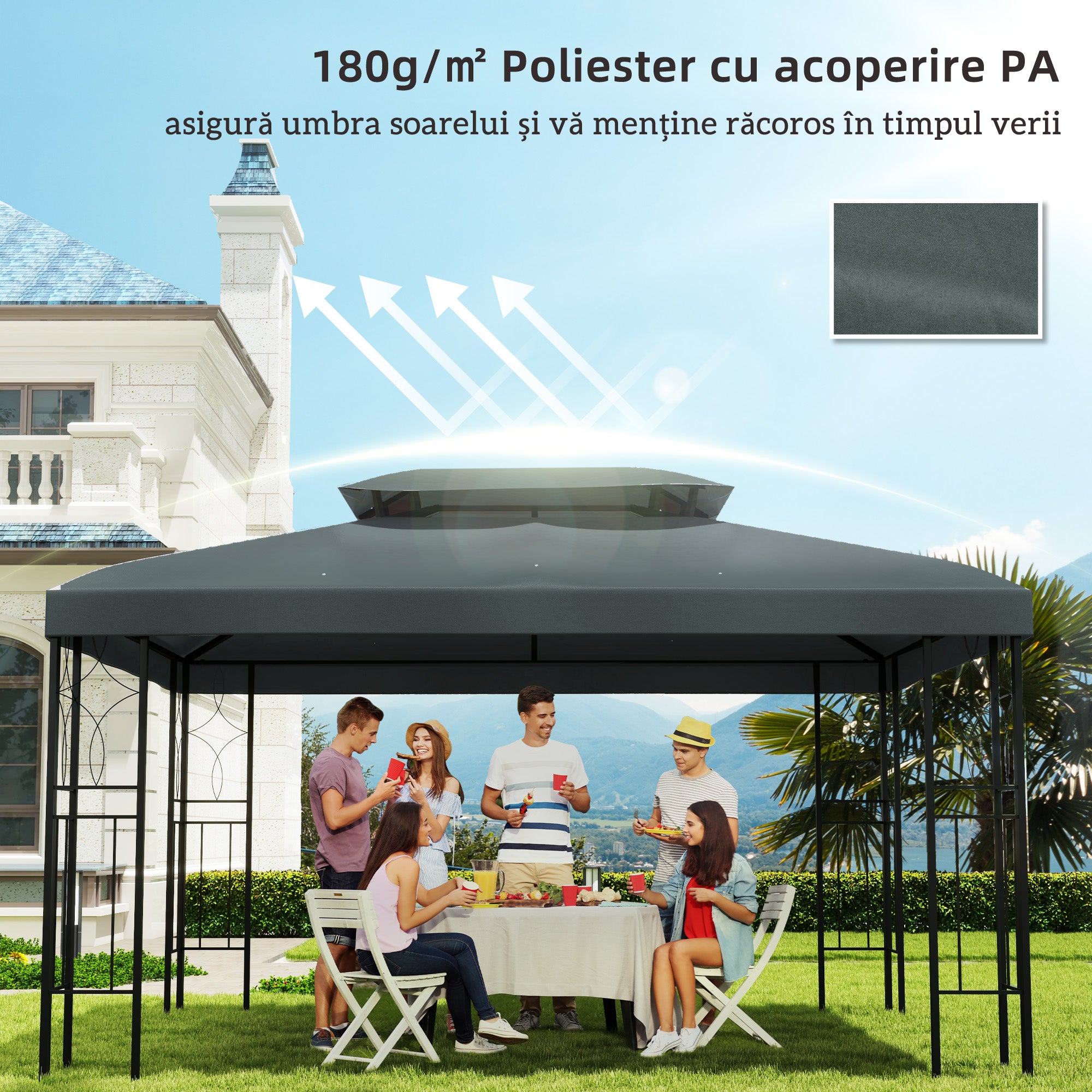 Outsunny 3x4m Gazebo Canopy Replacement Cover, 2 Tier Top Roof UV Cover Garden Patio Outdoor Sun Awning Shelters, Charcoal Grey (TOP COVER ONLY) - North Peak Garden Furniture