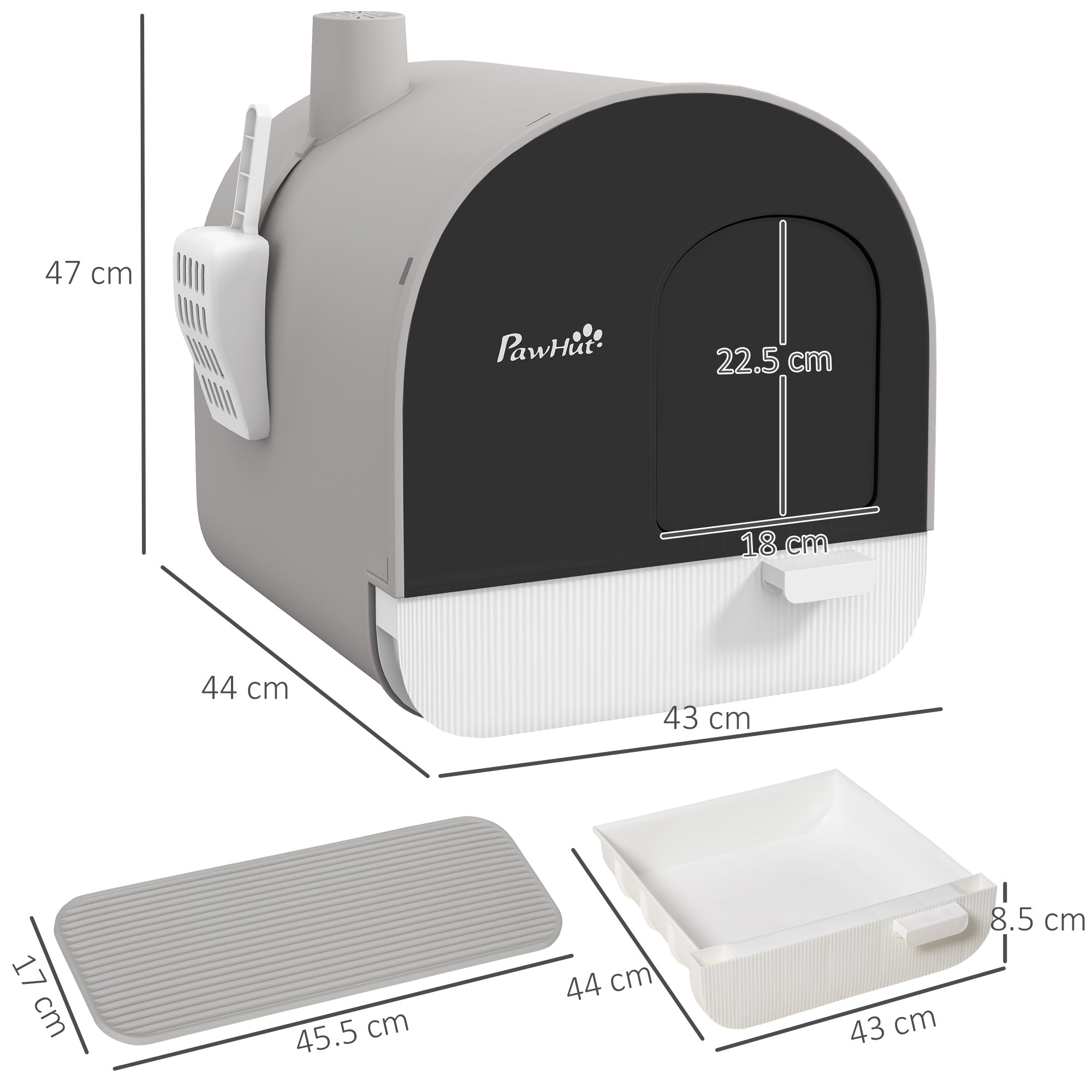 PawHut Hooded Cat Litter Box, Kitten Litter Tray, with Lid, Scoop, Filter, Flap Door, Light Grey - North Peak Garden Furniture