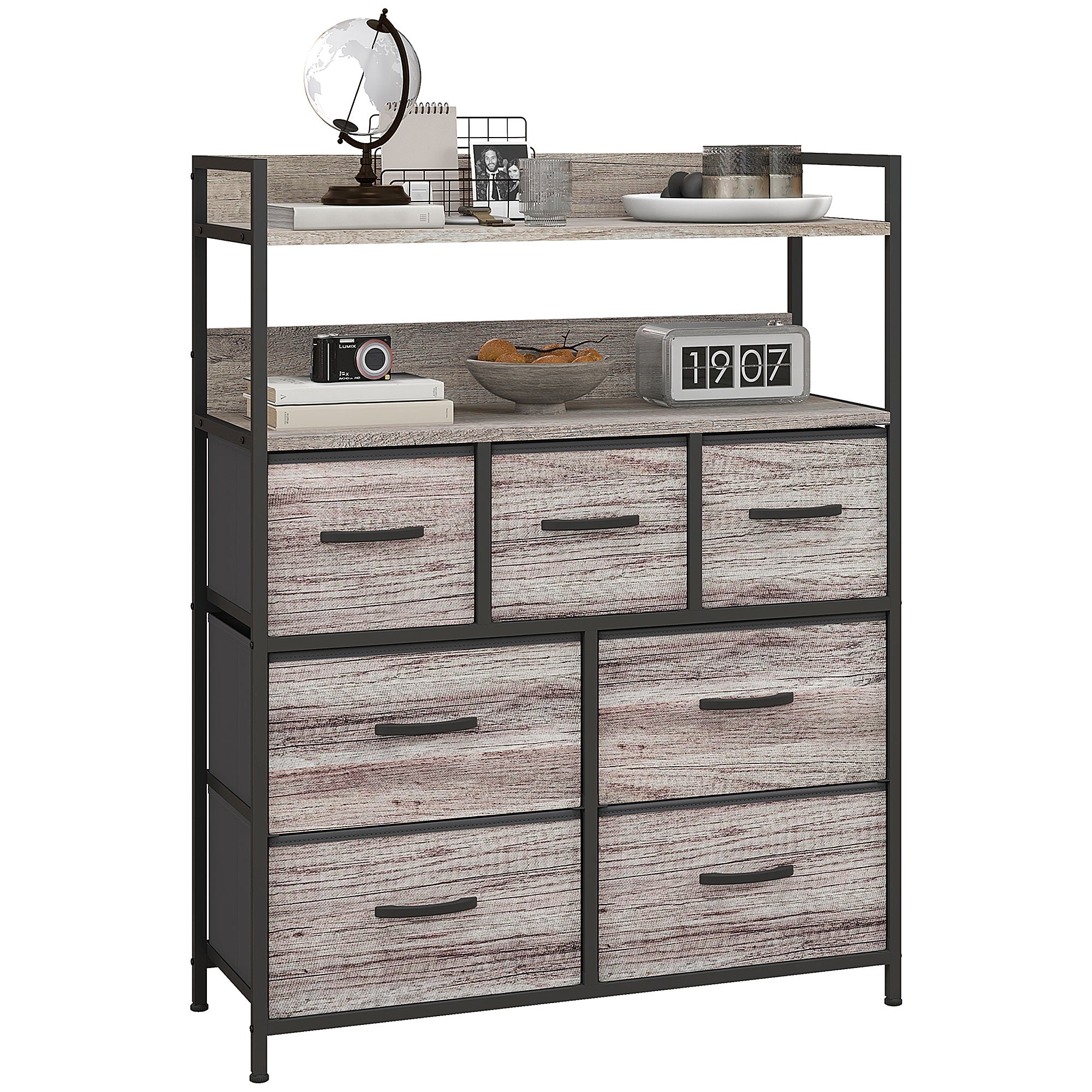 HOMCOM Rustic Chest of Seven Fabric Drawers - Grey Wood Effect - North Peak Garden Furniture
