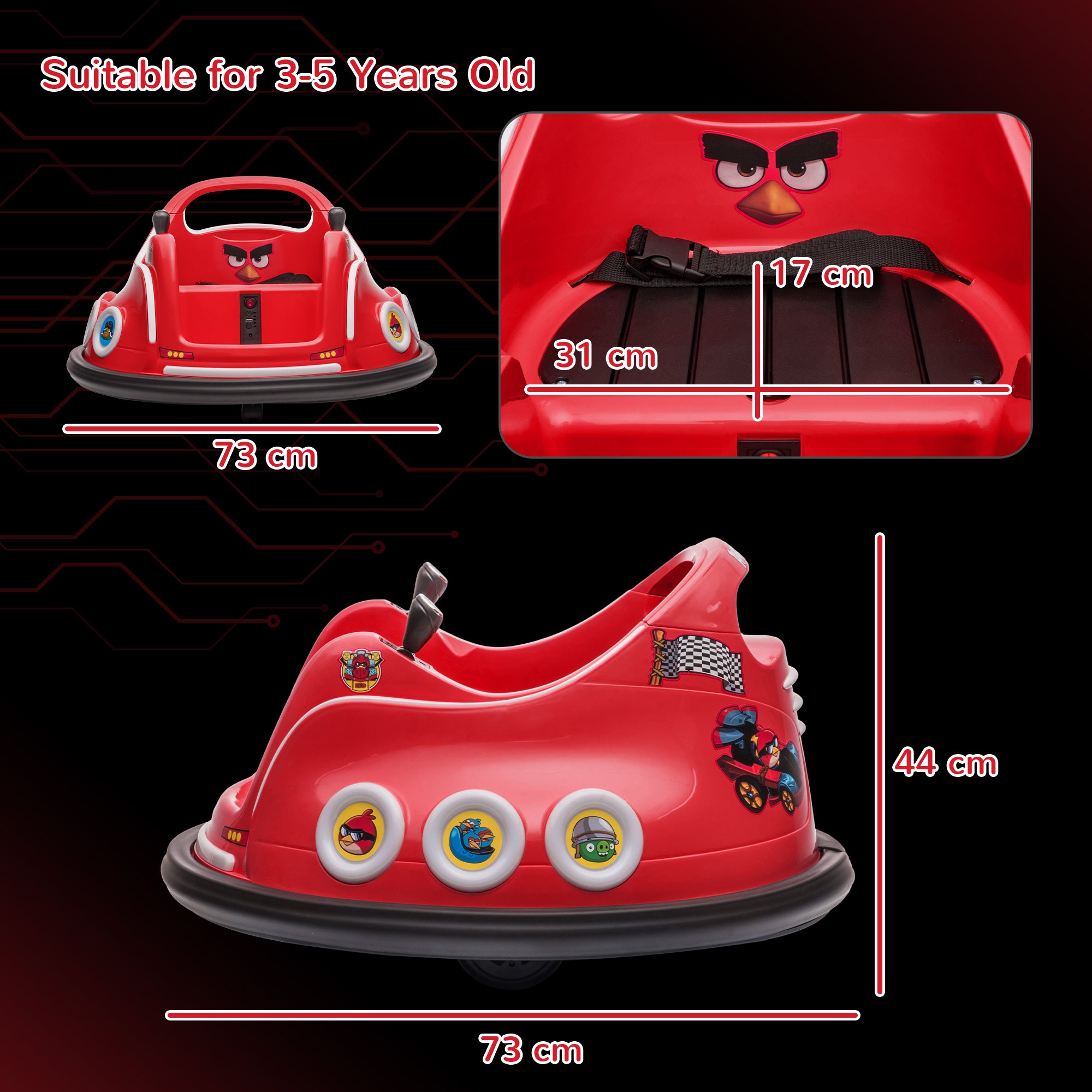 AIYAPLAY Angry Bird Licensed Waltzer Car, 12V Kids Bumper Car w/ Joysticks, Remote, Music LED Lights - Red - North Peak Garden Furniture