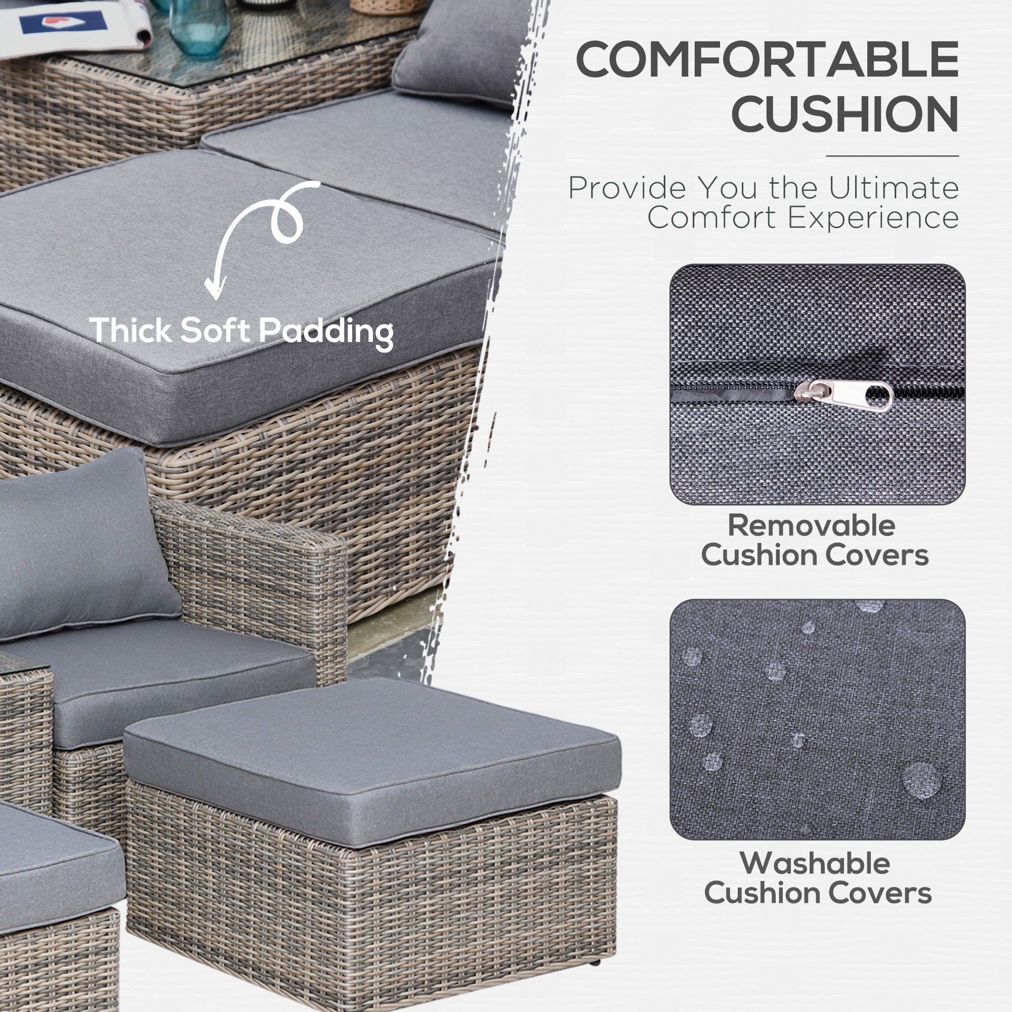 Outsunny 5 Piece Rattan Garden Furniture Set w/ 10cm Thick Cushions, Aluminium Frame Wicker Outdoor Balcony Sofa Set with Corner Armchairs, Ottomans, and Glass Top Table, Mixed Brown - North Peak Garden Furniture