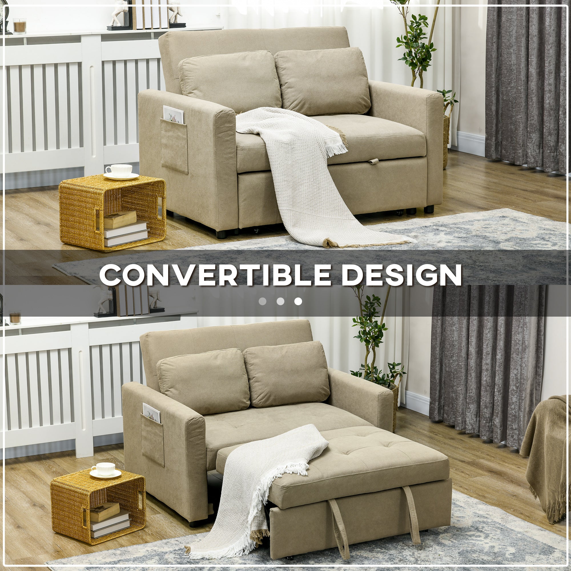 HOMCOM Loveseat Sofa Bed, Convertible Bed Settee with 2 Cushions, Side Pockets for Living Room, Light Brown - North Peak Garden Furniture