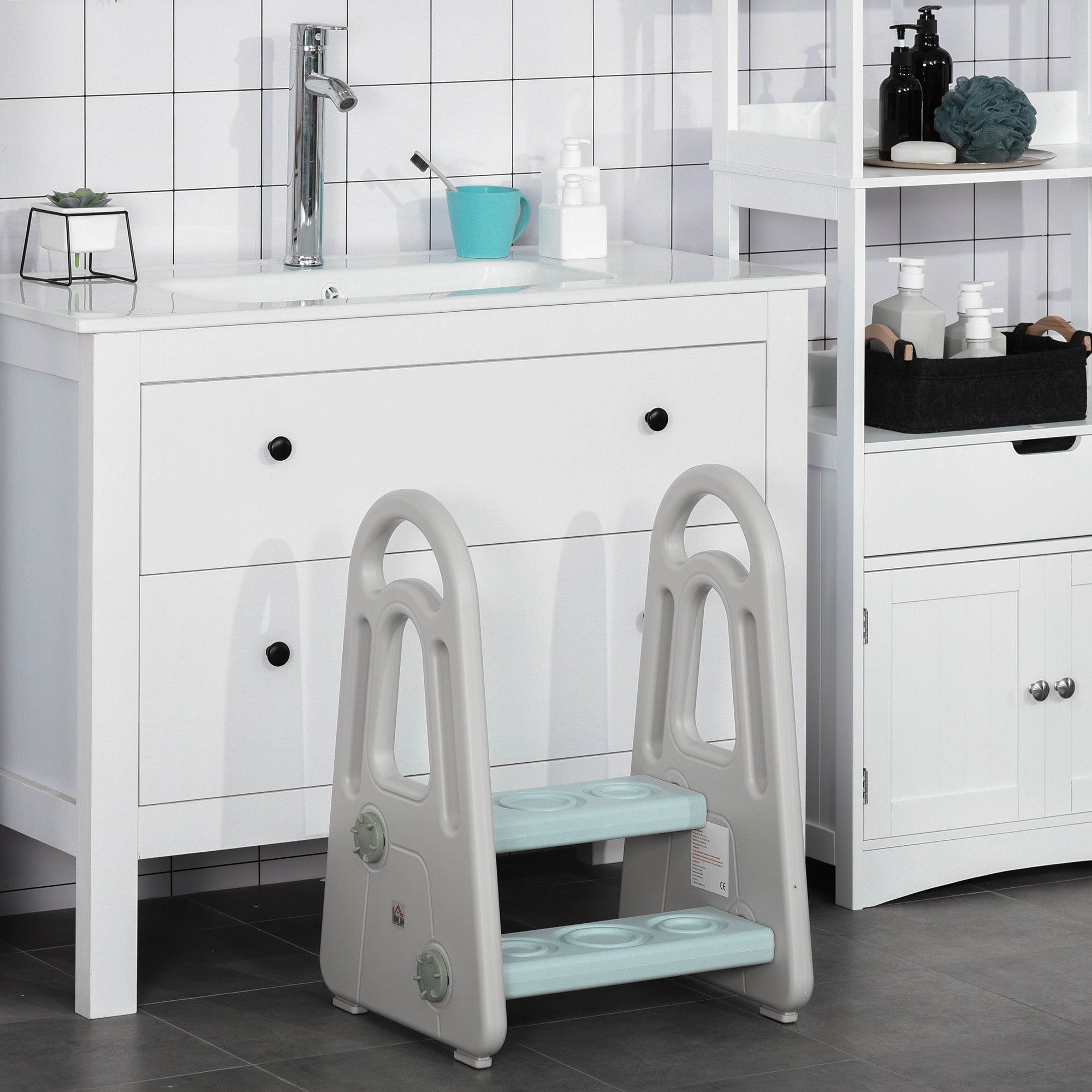 HOMCOM Kids Toddler Step Stool Ladder Kitchen Helper for Toilet Potty Training Bathroom Sink Bedroom Blue and Grey - North Peak Garden Furniture
