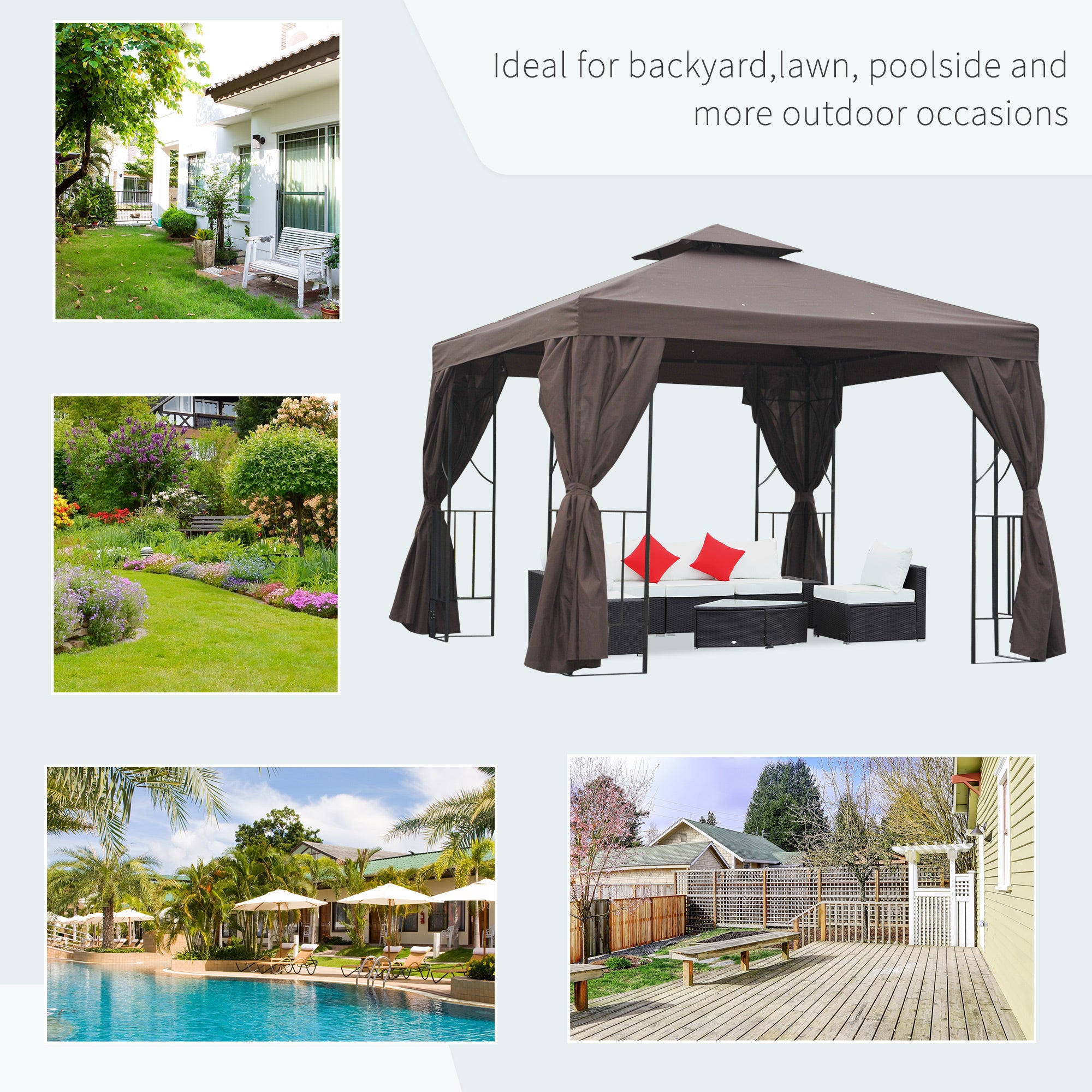 Outsunny 3 x 3 m Garden Gazebo Double Roof Marquee Patio Wedding Party Tent Canopy Shelter with Sidewalls, (Brown) - North Peak Garden Furniture