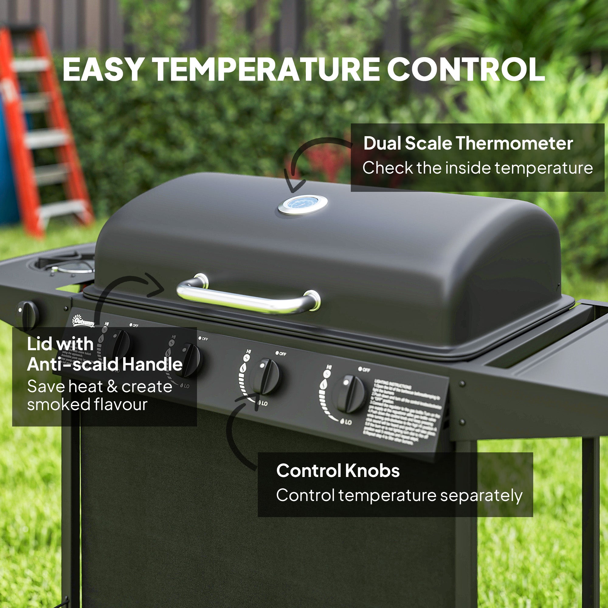 Outsunny 4+1 Burner Gas BBQ Grill, Portable Gas Barbecue Grill with Built-in Thermometer, Lid, Side Table, Shelf, Spice Rack, Wheels, Grease Cup for Garden Party Outdoor Cooking, Black - North Peak Garden Furniture