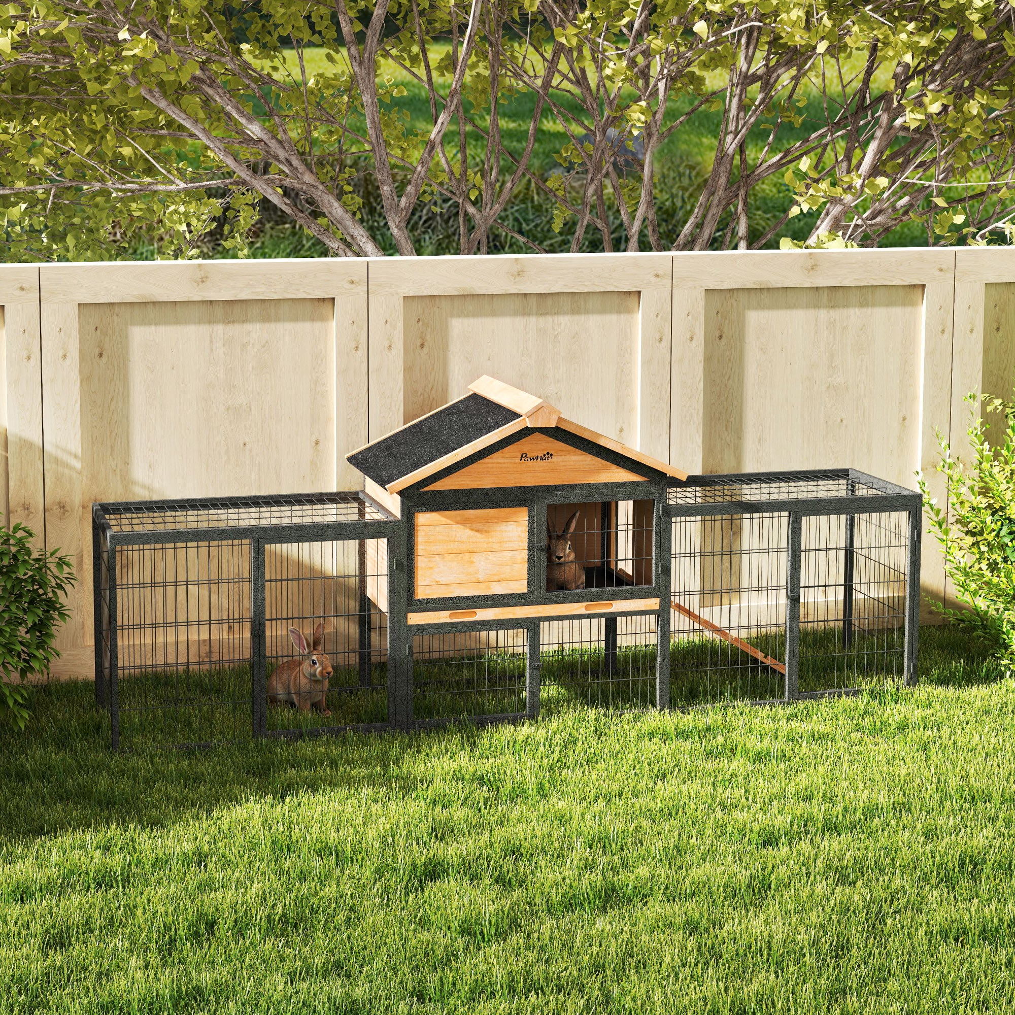 PawHut Wooden Rabbit Hutch Outdoor with Steel Run, Wooden Guinea Pig Cage with Removable Plastic Tray, Asphalt Roof, Ramp