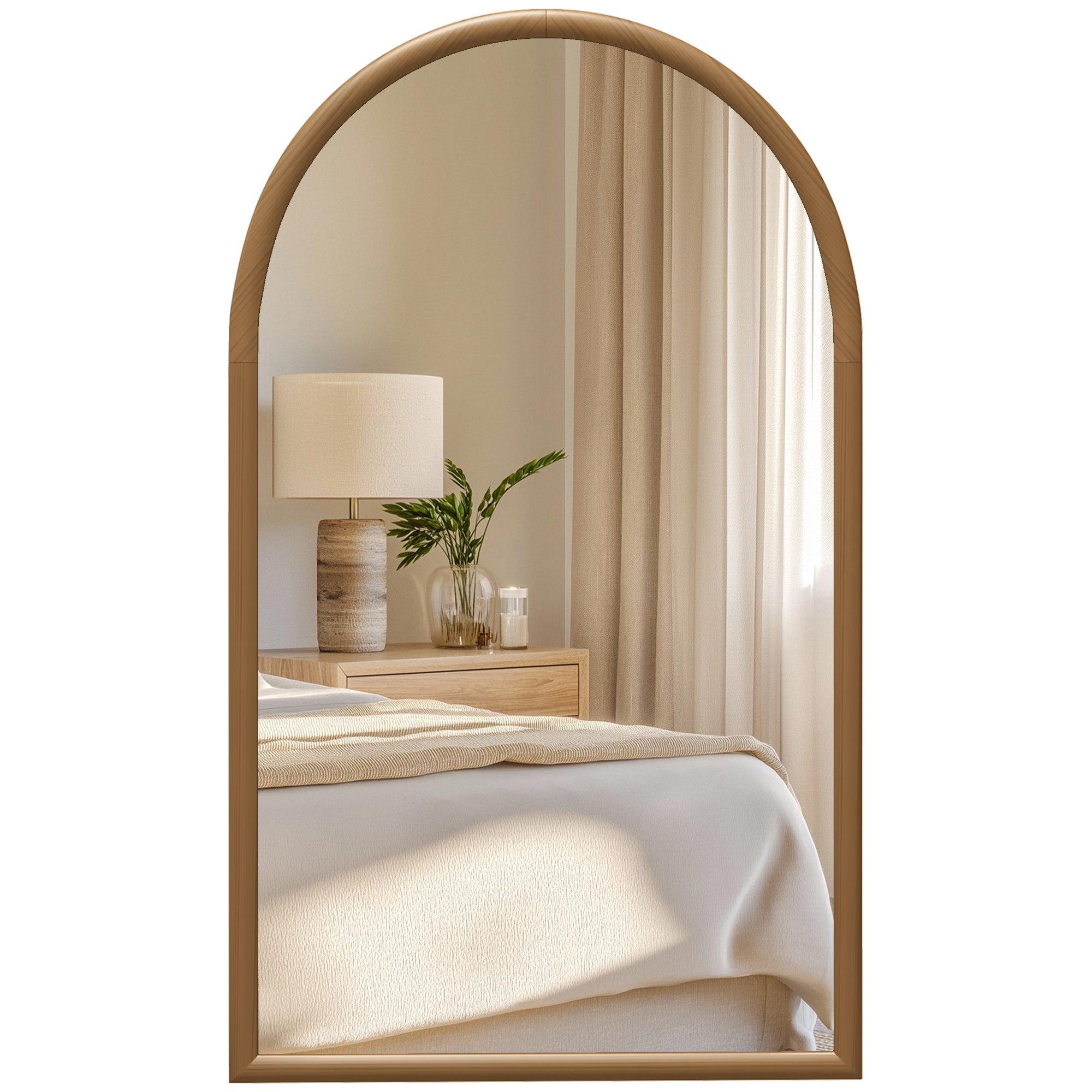 HOMCOM 110 x 65cm Wooden Arched Mirror - Natural Finish - North Peak Garden Furniture