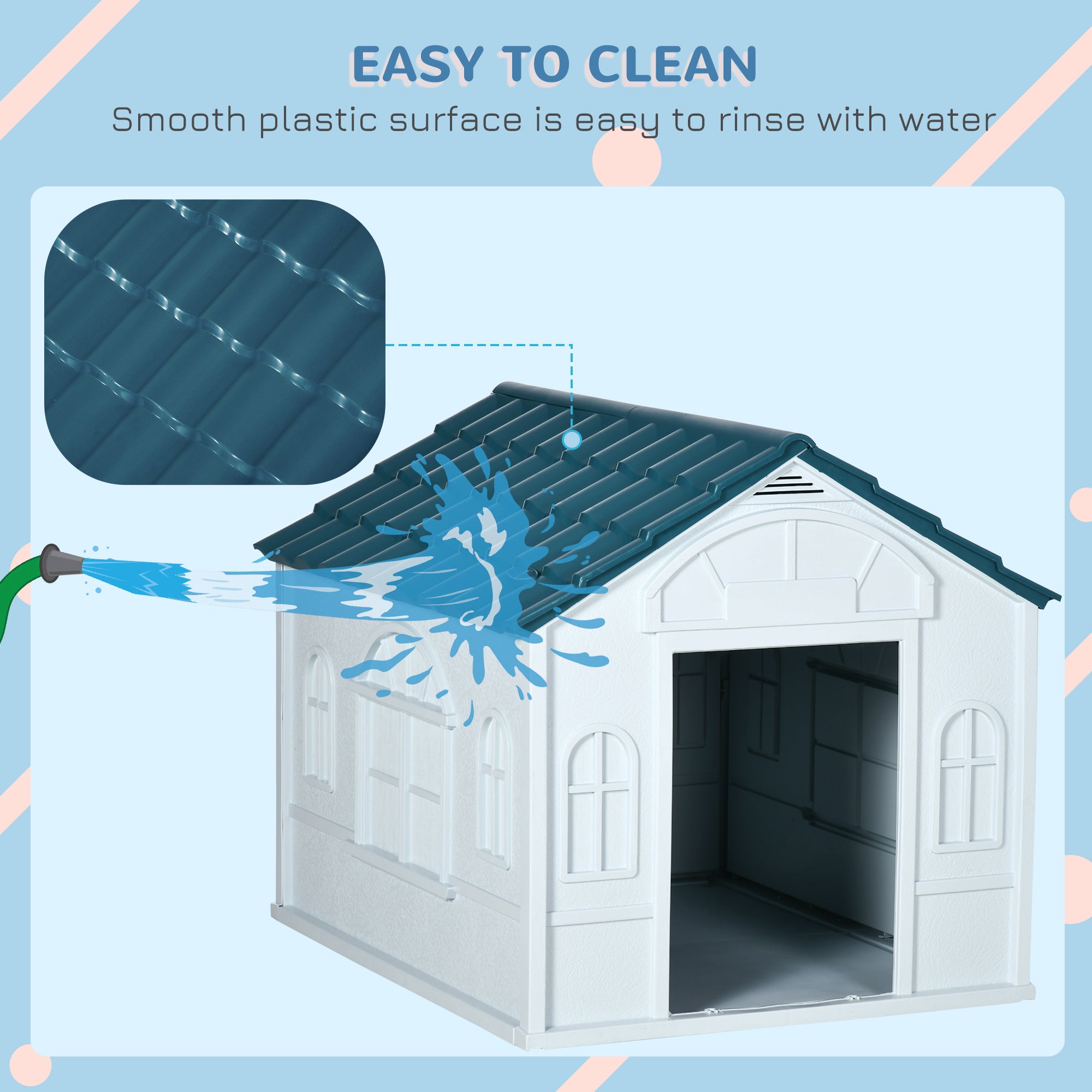 PawHut Plastic Weather-Resistant Dog House, for Indoors and Outdoors, Large Dogs - White and Blue - North Peak Garden Furniture