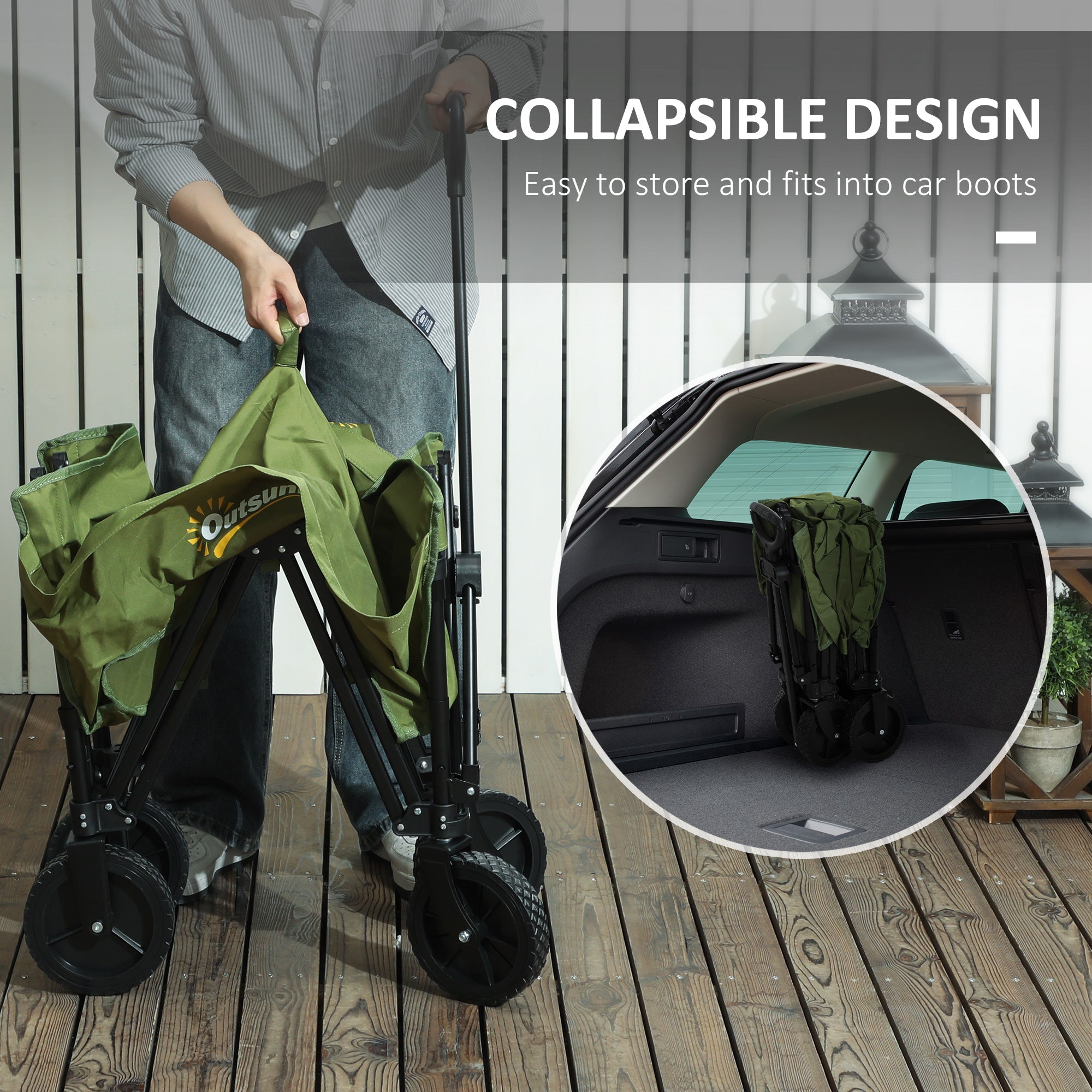 Outsunny 120L Folding Garden Trolley Cart, Outdoor Collapsible Wagon with Wheels and Adjustable Handle for Beach, Camping, Festival, Green - North Peak Garden Furniture