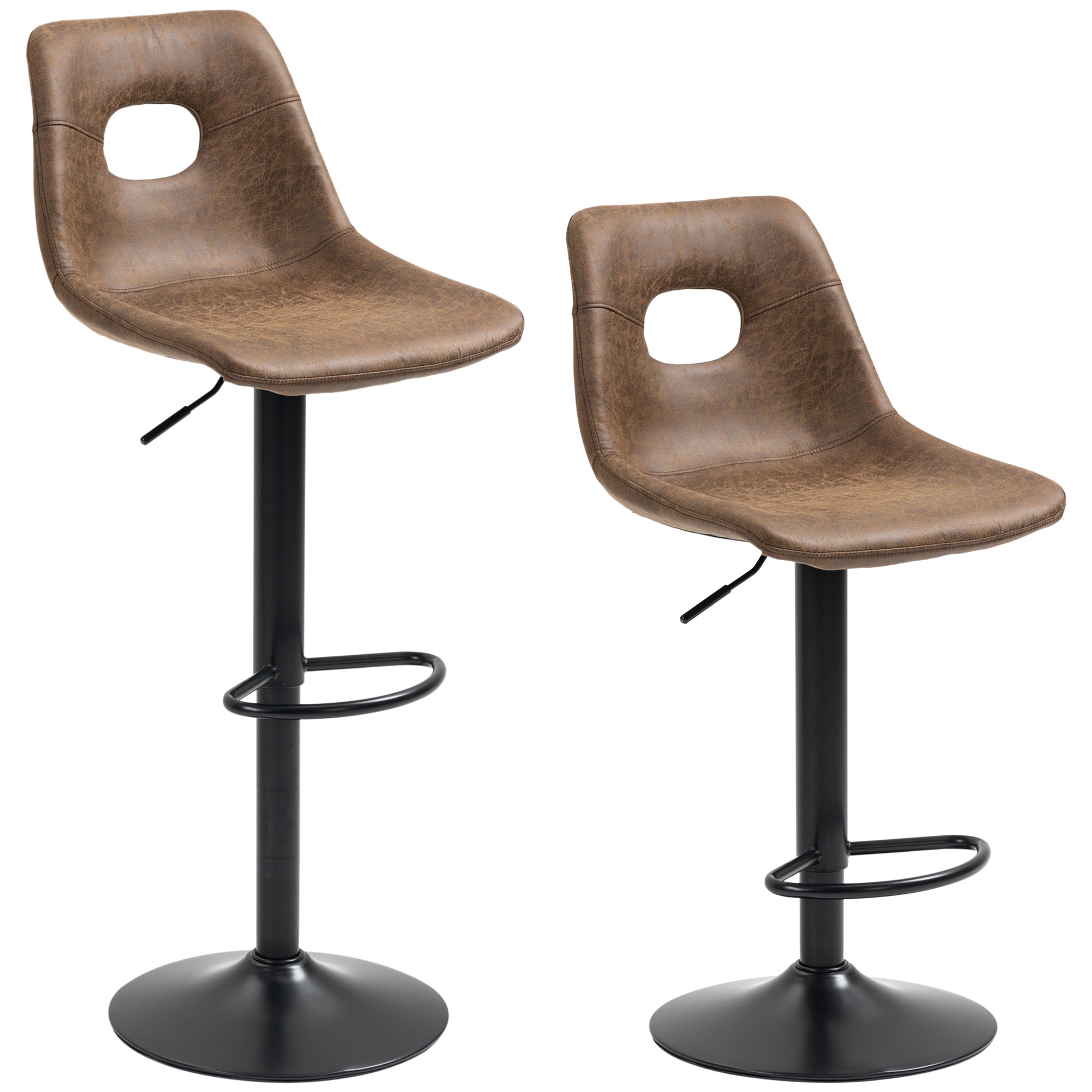 HOMCOM Bar Stools Set of 2, Adjustable Breakfast Dining Stools with Backrest, Footrest, Microfiber Cloth Kithchen Island Counter, Brown - North Peak Garden Furniture