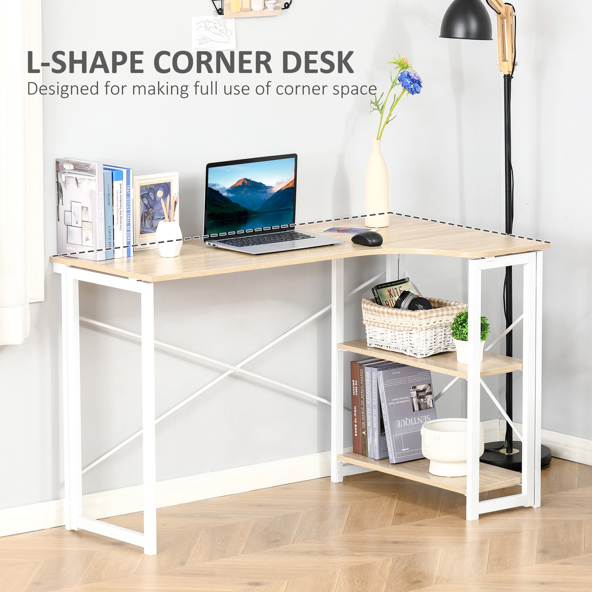 HOMCOM Folding Desk, L Shaped Desk, Corner Computer Desk with 2-Tier Storage Shelf for Home Office, Study Room, Workstation, Easy Assembly, 120 x 72.5 x 76.5cm, Oak Tone - North Peak Garden Furniture