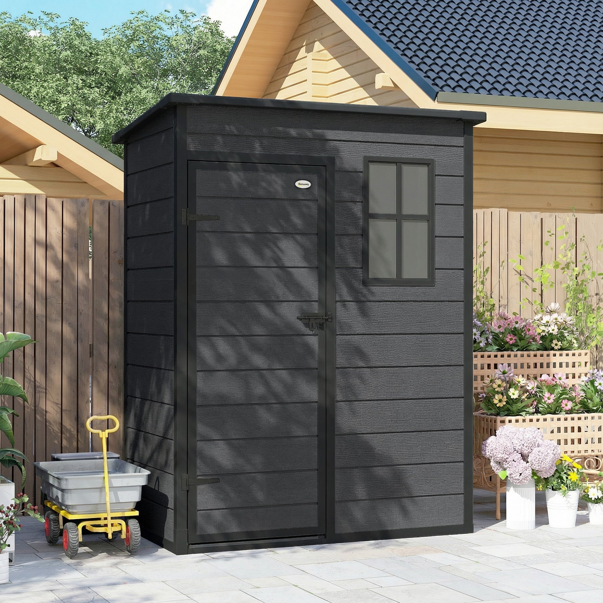 Outsunny 5' x 3' Garden Shed with Floor, Outdoor Storage Shed with Lockable Door, Window and Vent, Dark Grey
