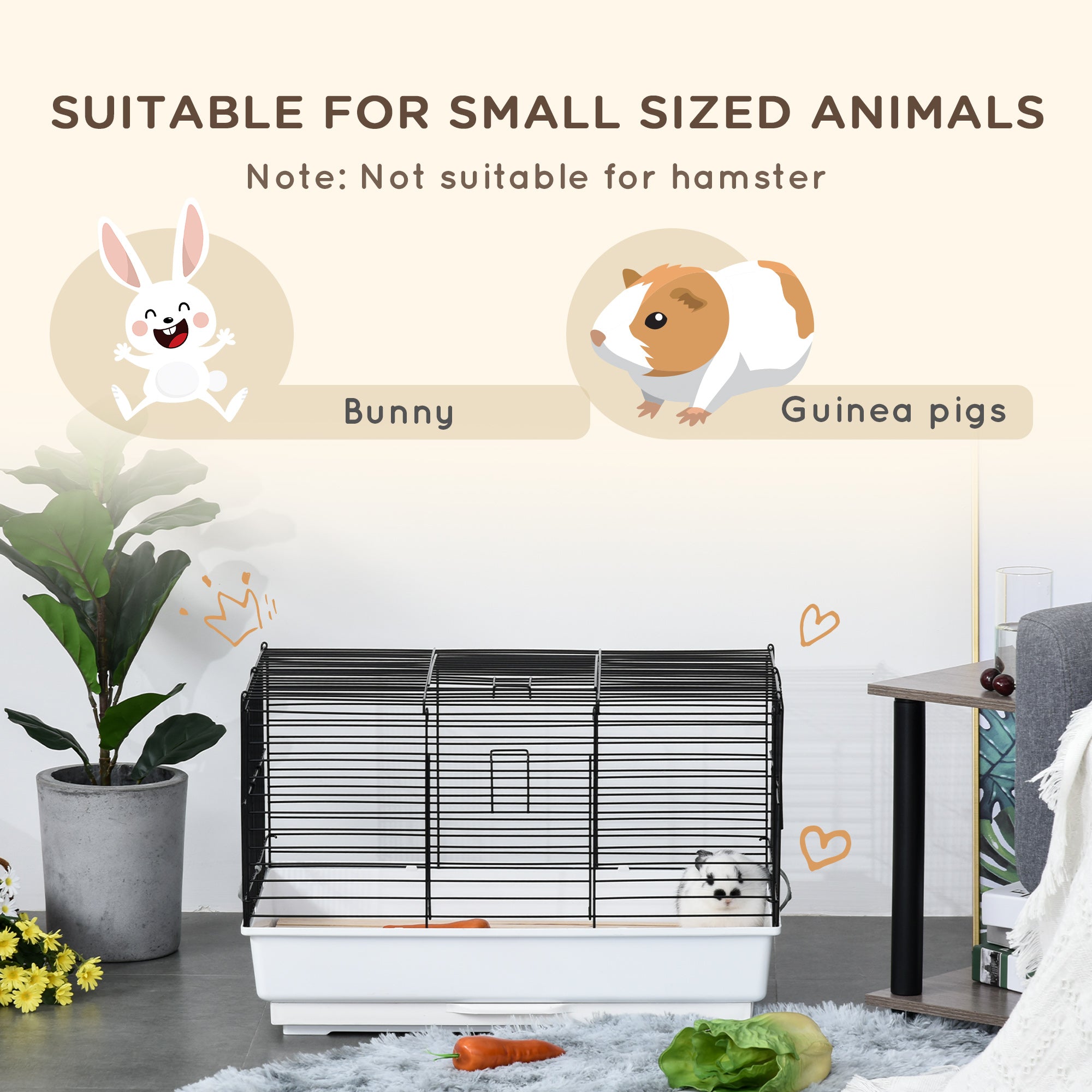 PawHut Indoor Small Animal Cage with Wood Floor, Bunny Guinea Pig House with Removable Tray, 61.5 x 38 x 40 cm, White | Aosom UK