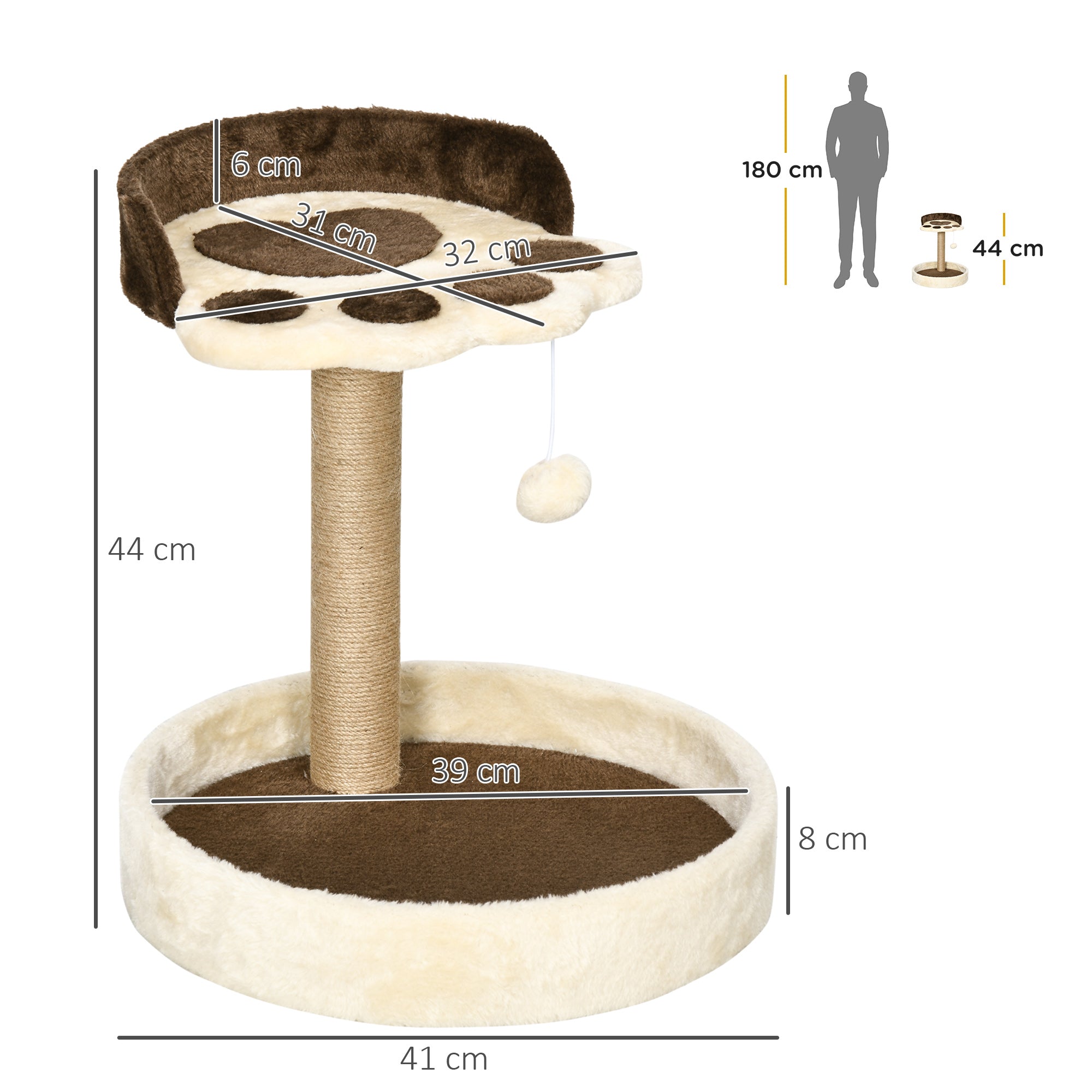 PawHut 44cm Cat Tower, Cat Tree for Indoor Cats, with Sisal Cat Scratching Post, Toy Ball - Brown - North Peak Garden Furniture