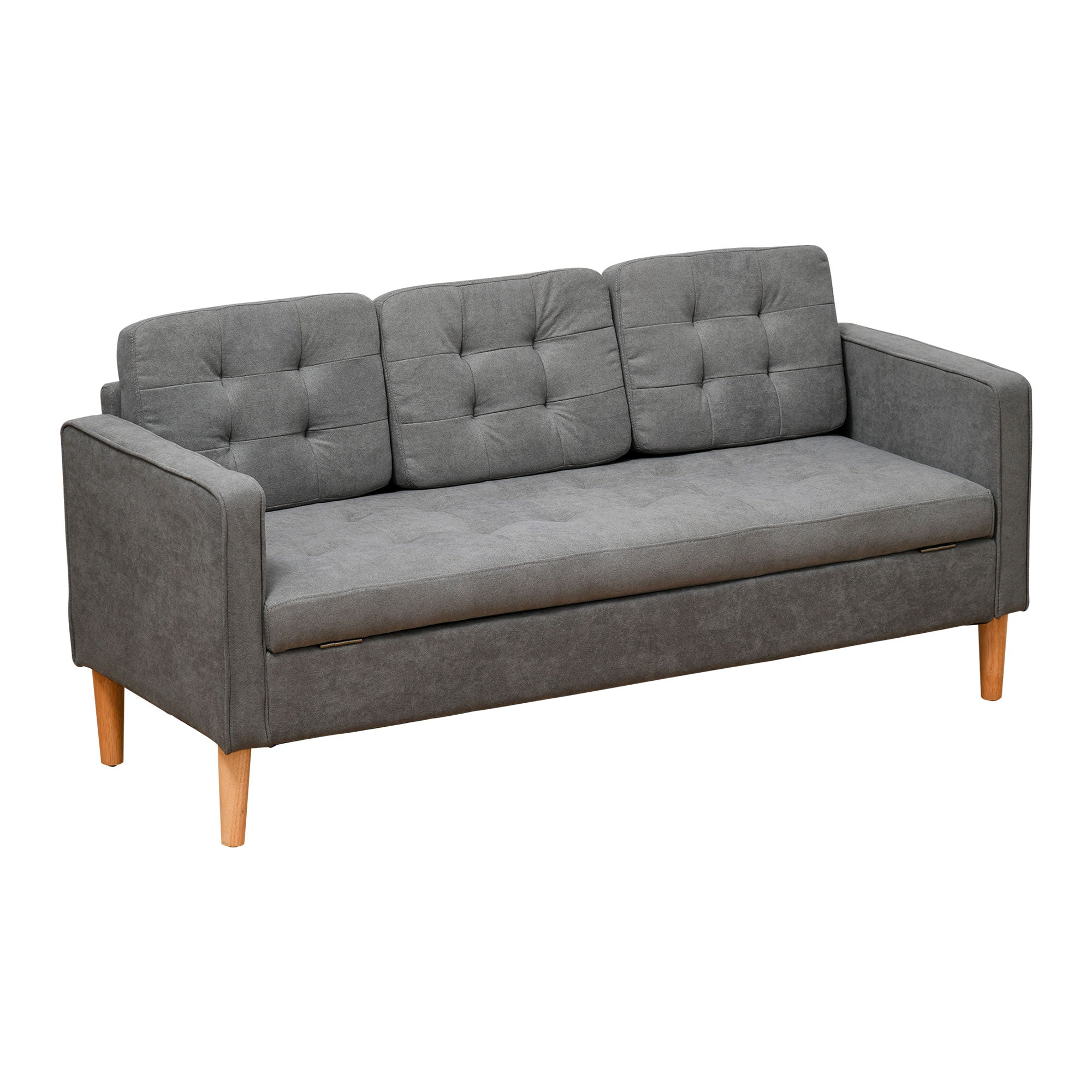 HOMCOM Modern 3 Seater Sofa with Hidden Storage, 169cm Tufted Cotton Couch with Wood Legs, Compact Sofa for Living Room, Grey - North Peak Garden Furniture