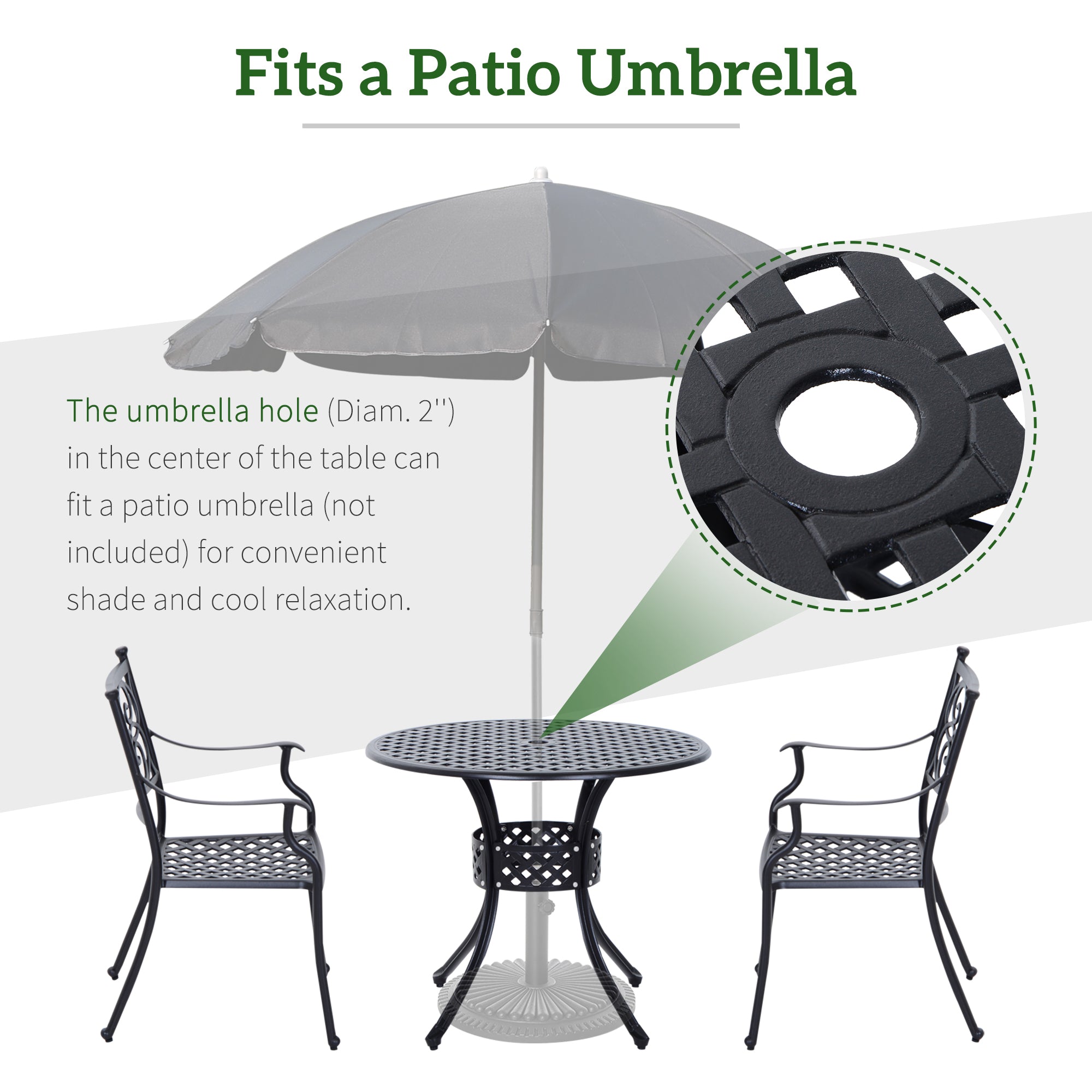 Outsunny 85cm Round Garden Table with Umbrella Hole, Aluminium Grid Motif Outdoor Dining Table for Garden Patio, Black - North Peak Garden Furniture