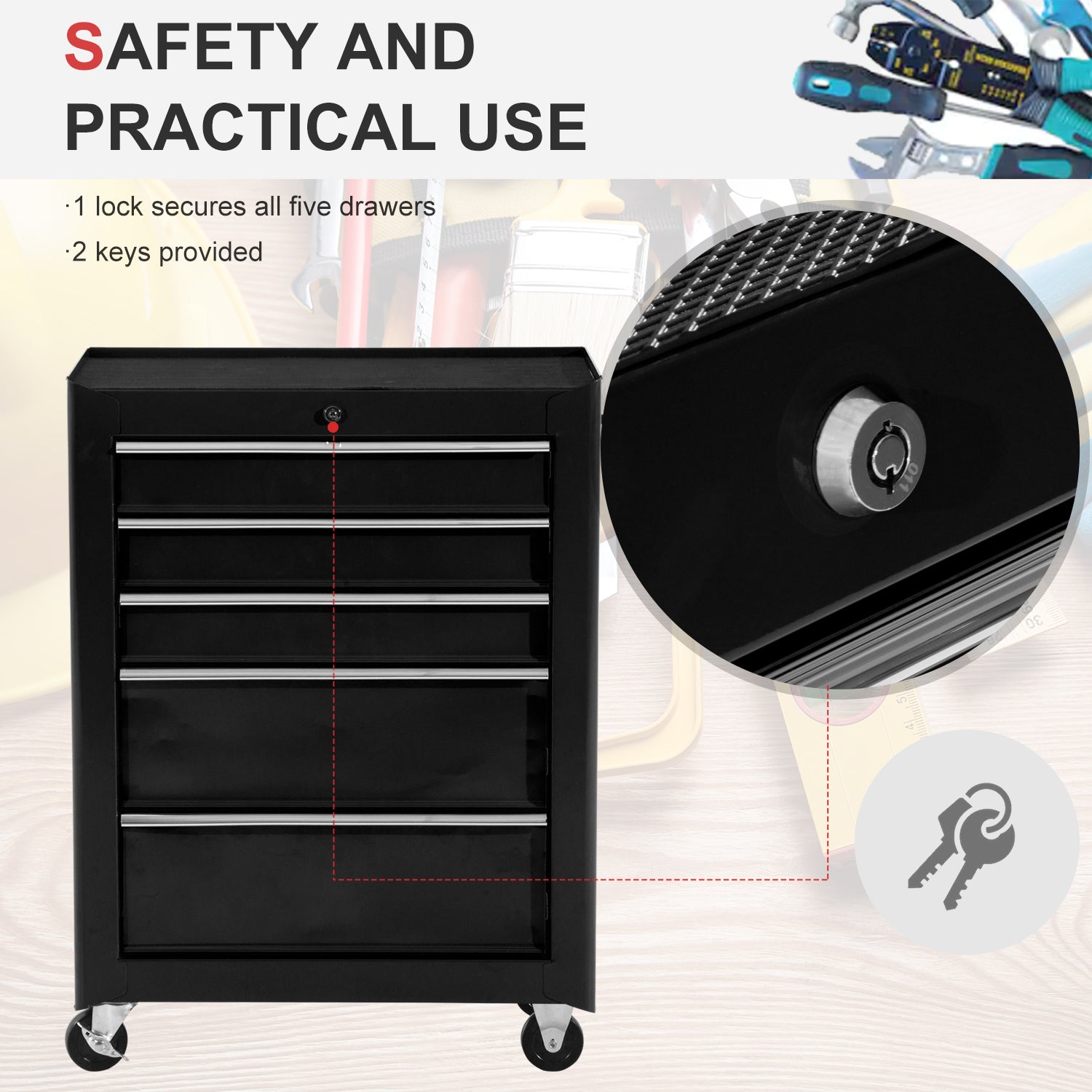 HOMCOM 5-Drawer Tool Chest, Lockable Steel Tool Storage Cabinet with Wheels and Handle Tool Box for Garage, Workshop, Black - North Peak Garden Furniture