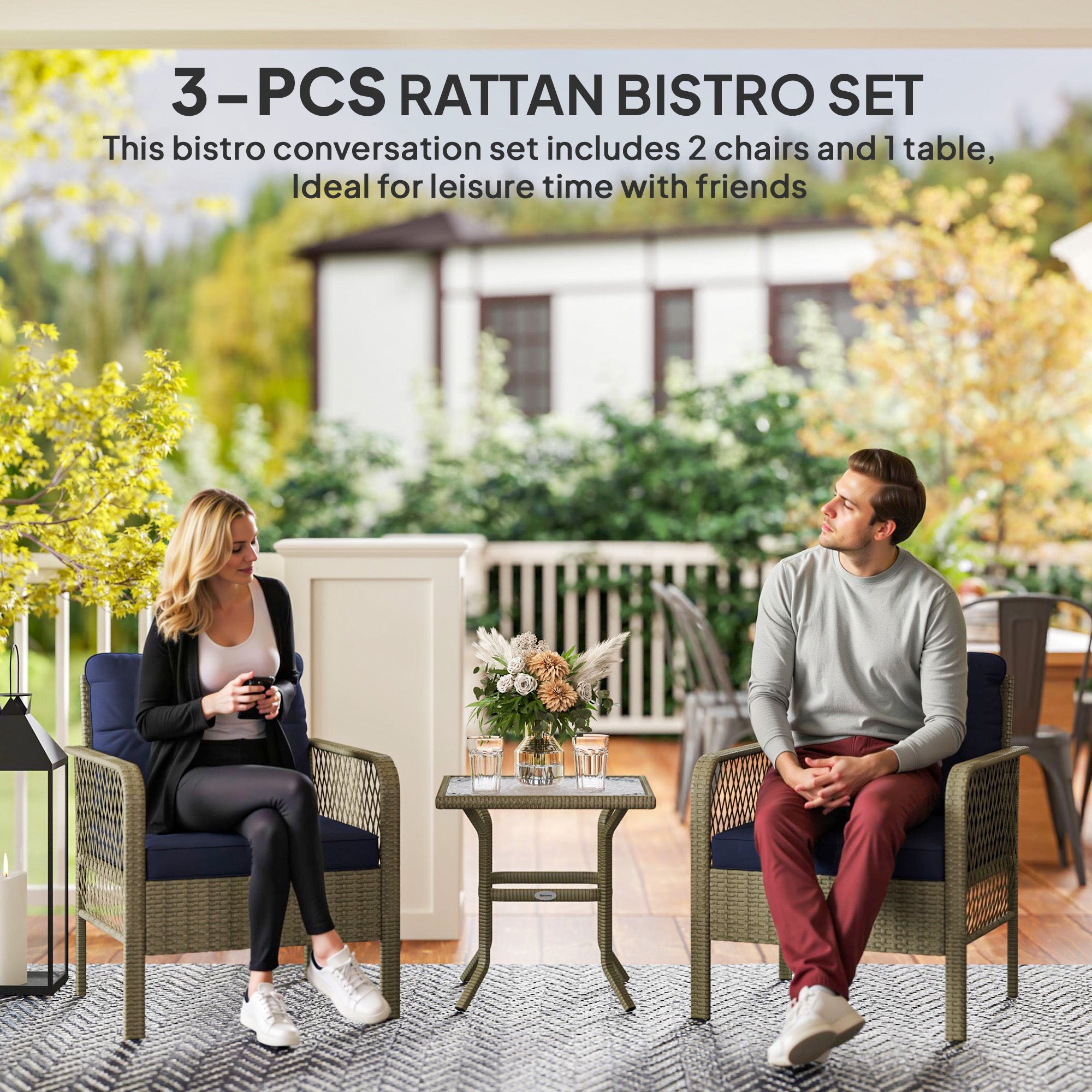 Outsunny 3 Pieces Rattan Bistro Set with Glass Top Coffee Table, Chairs and Cushions for Outdoor, Patio, Balcony, Charcoal Grey - North Peak Garden Furniture