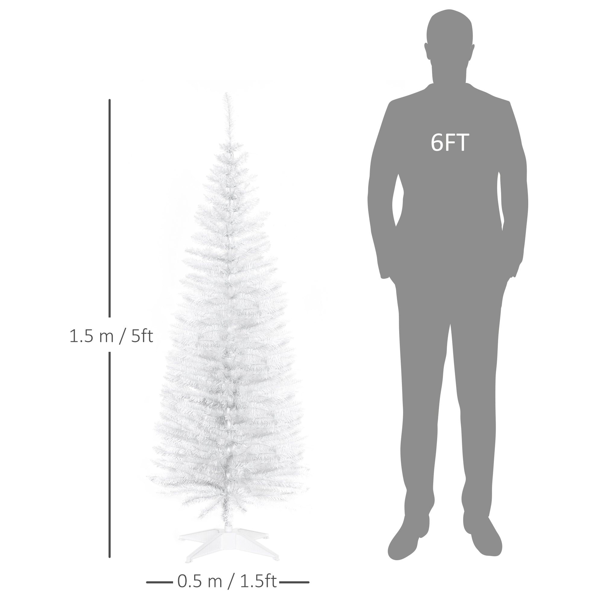 HOMCOM 5ft Unlit Artificial Christmas Tree, Pencil Slim Xmas Tree with Solid Stand and Realistic Branches, White - North Peak Garden Furniture