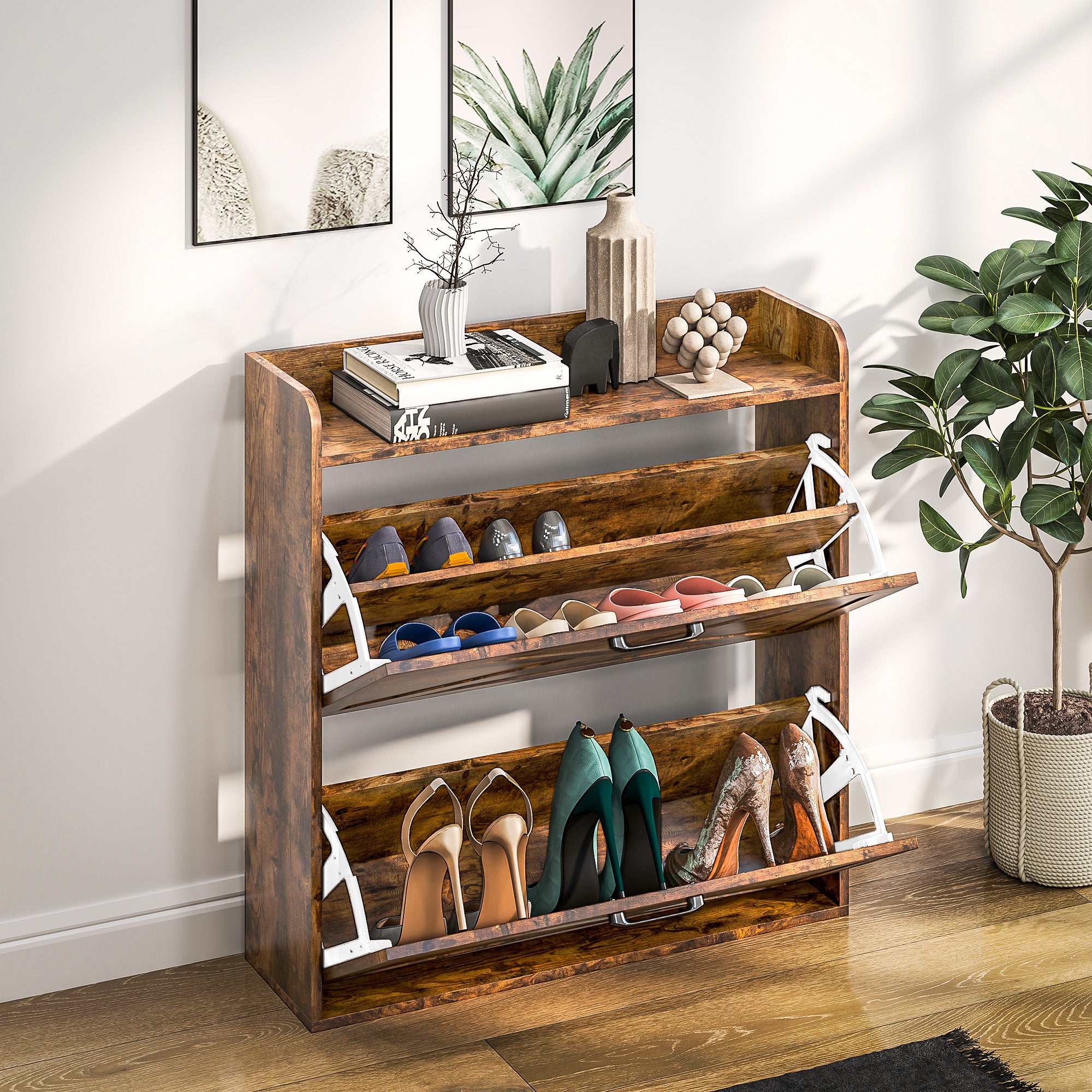 HOMCOM Two Flip Drawer Narrow Shoe Cabinet with Adjustable Shelves - Rustic Brown - North Peak Garden Furniture
