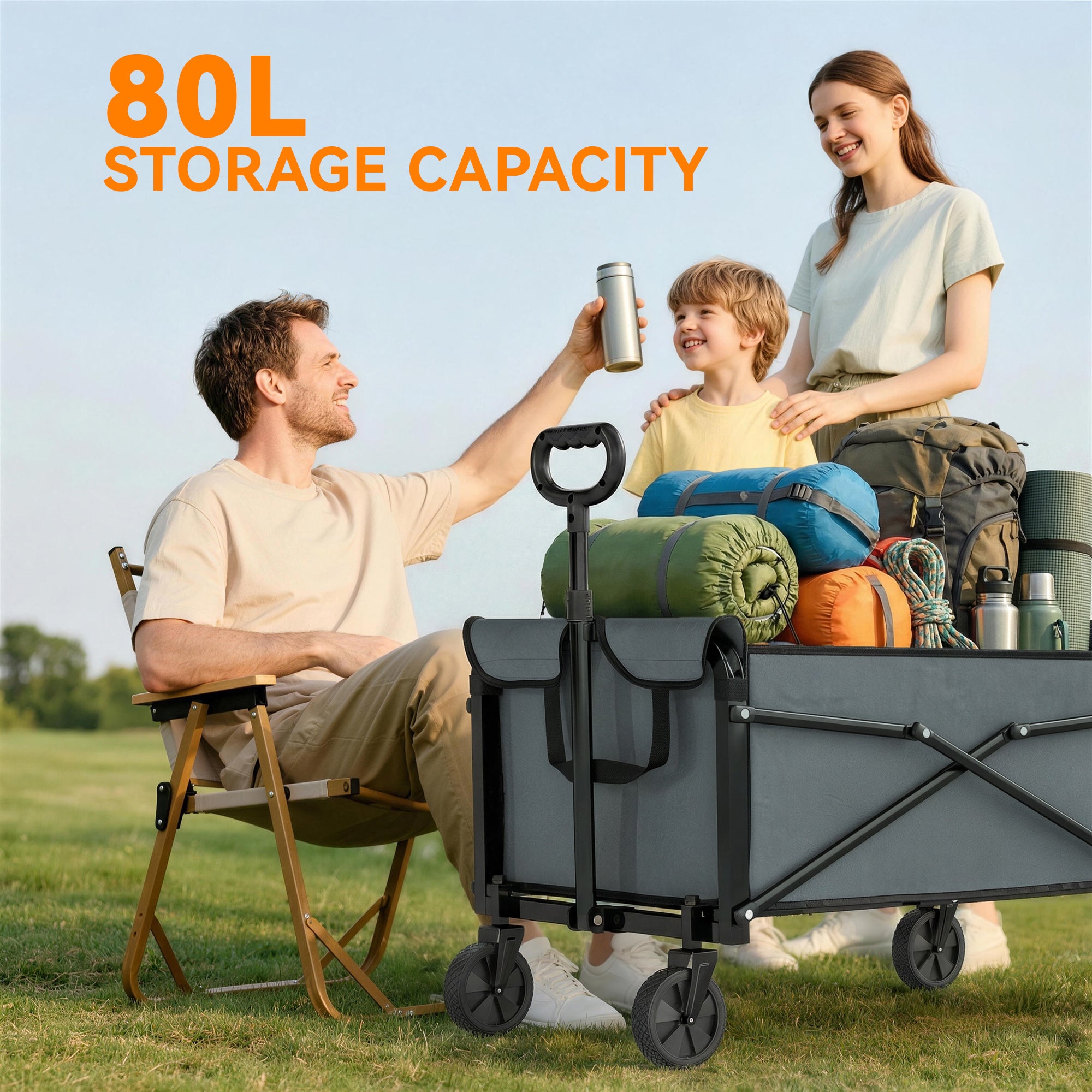 Outsunny 81L Festival Trolley on Wheels, Compact Garden Folding Trolley Cart with Adjustable Handle 80L, Grey