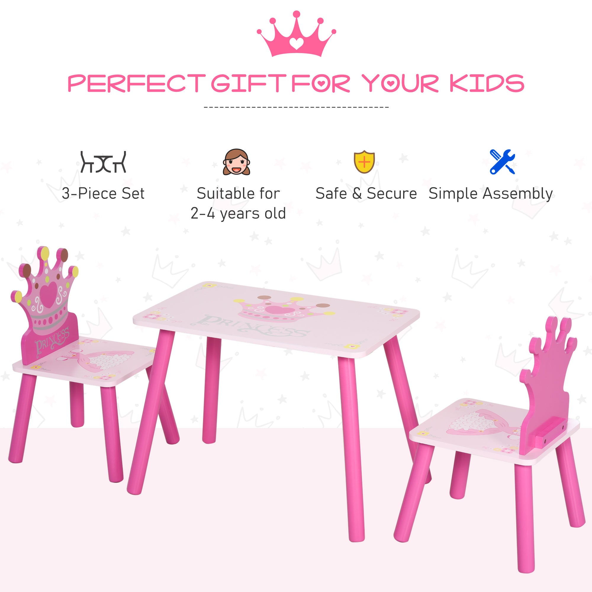 HOMCOM 3 Pcs Kids and Table Chair Set Princess & Crown Theme Home Furniture Pretty Gift 2-4 Years Pink - North Peak Garden Furniture
